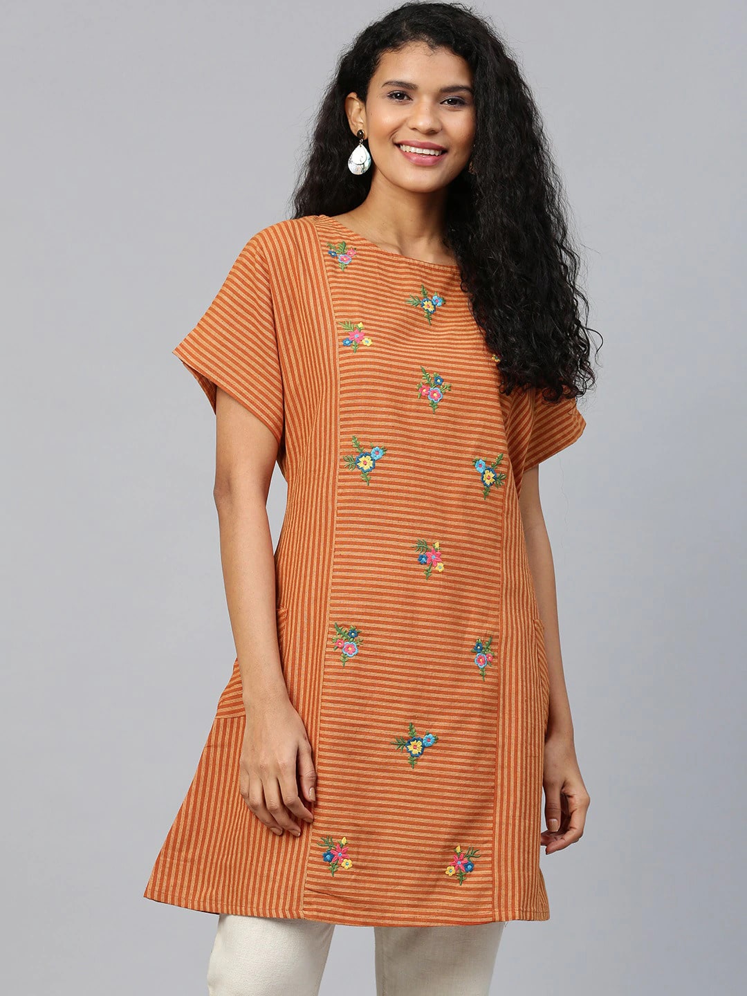 

Shree Women Light Brown Cotton Striped Kurti