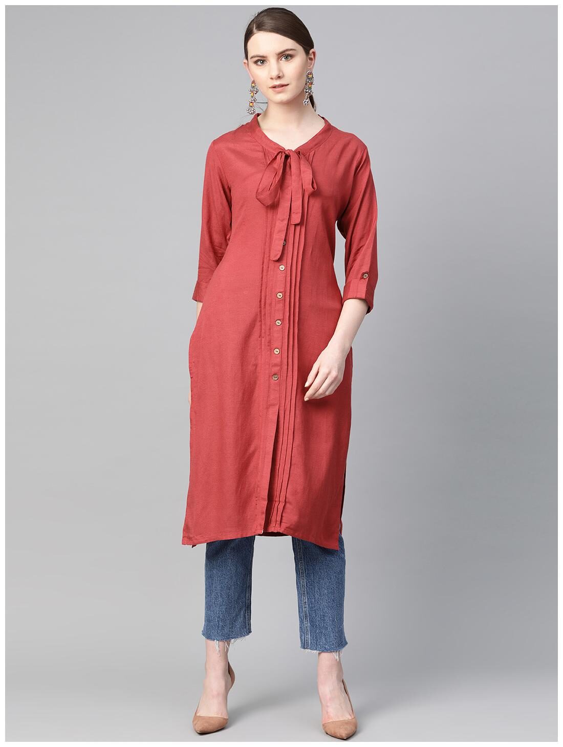 

Shree Women Rayon Solid Red Kurta