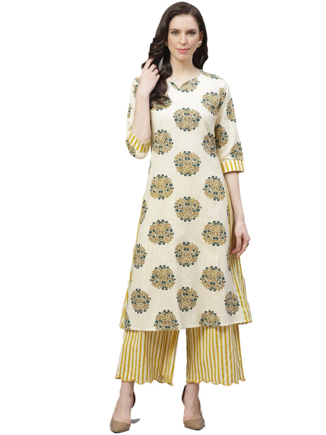 

Shree Women Cotton Regular Fit Kurta With Palazzo (Mustard Cream)