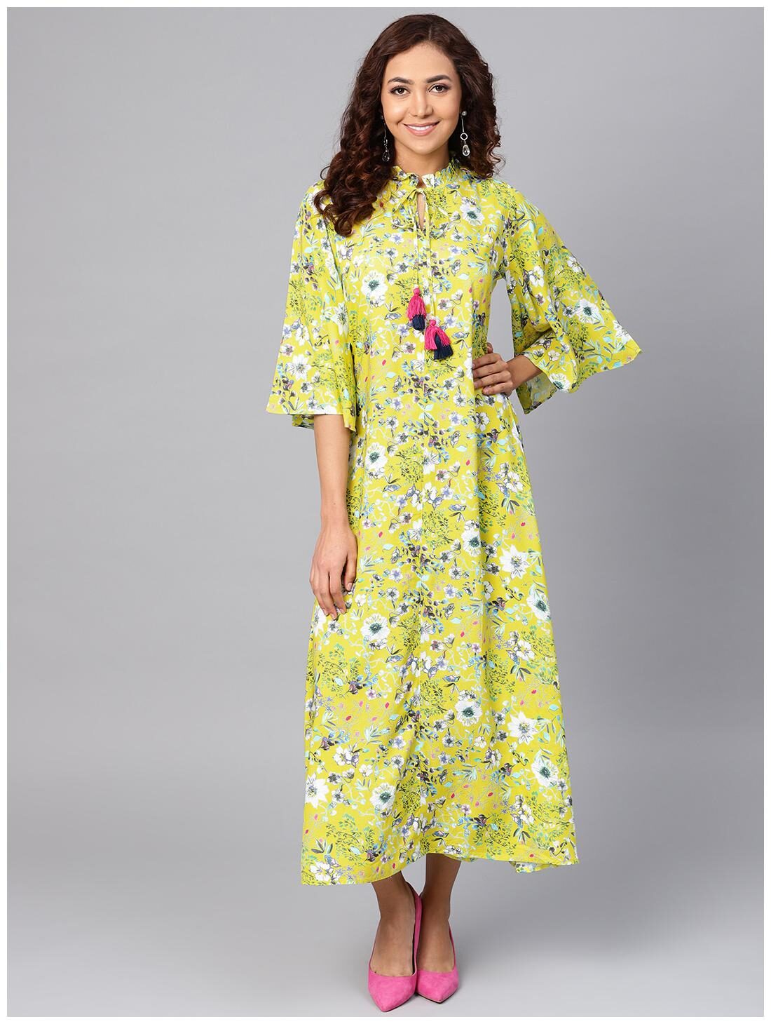 

Shree Women Rayon Floral Kurti Dress Yellow