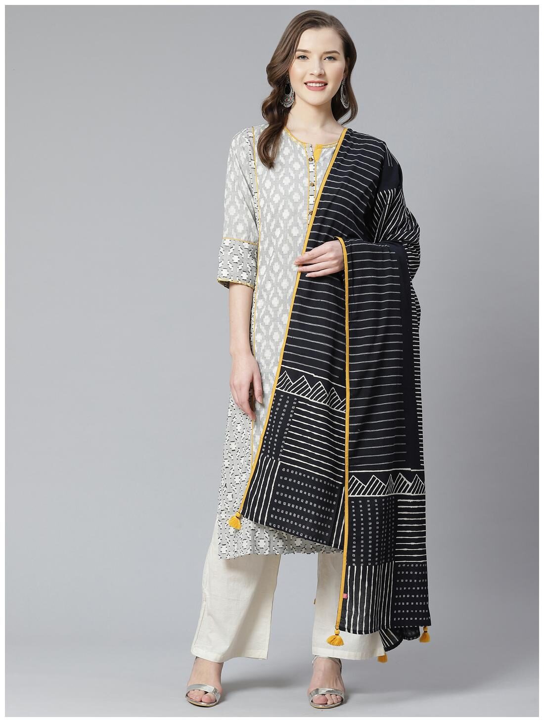 

Shree Women White Black Geometric Straight Kurta With Pants And Dupatta