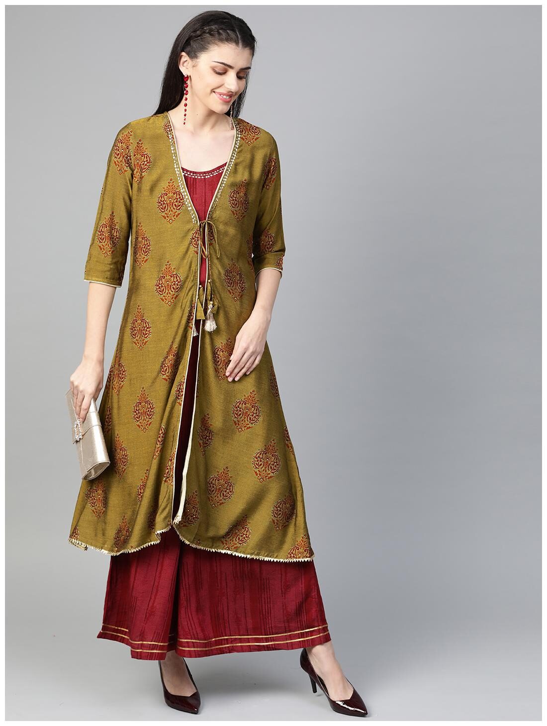 

Shree Women Rayon A-Line Jacket Kurta Set -Green Maroon