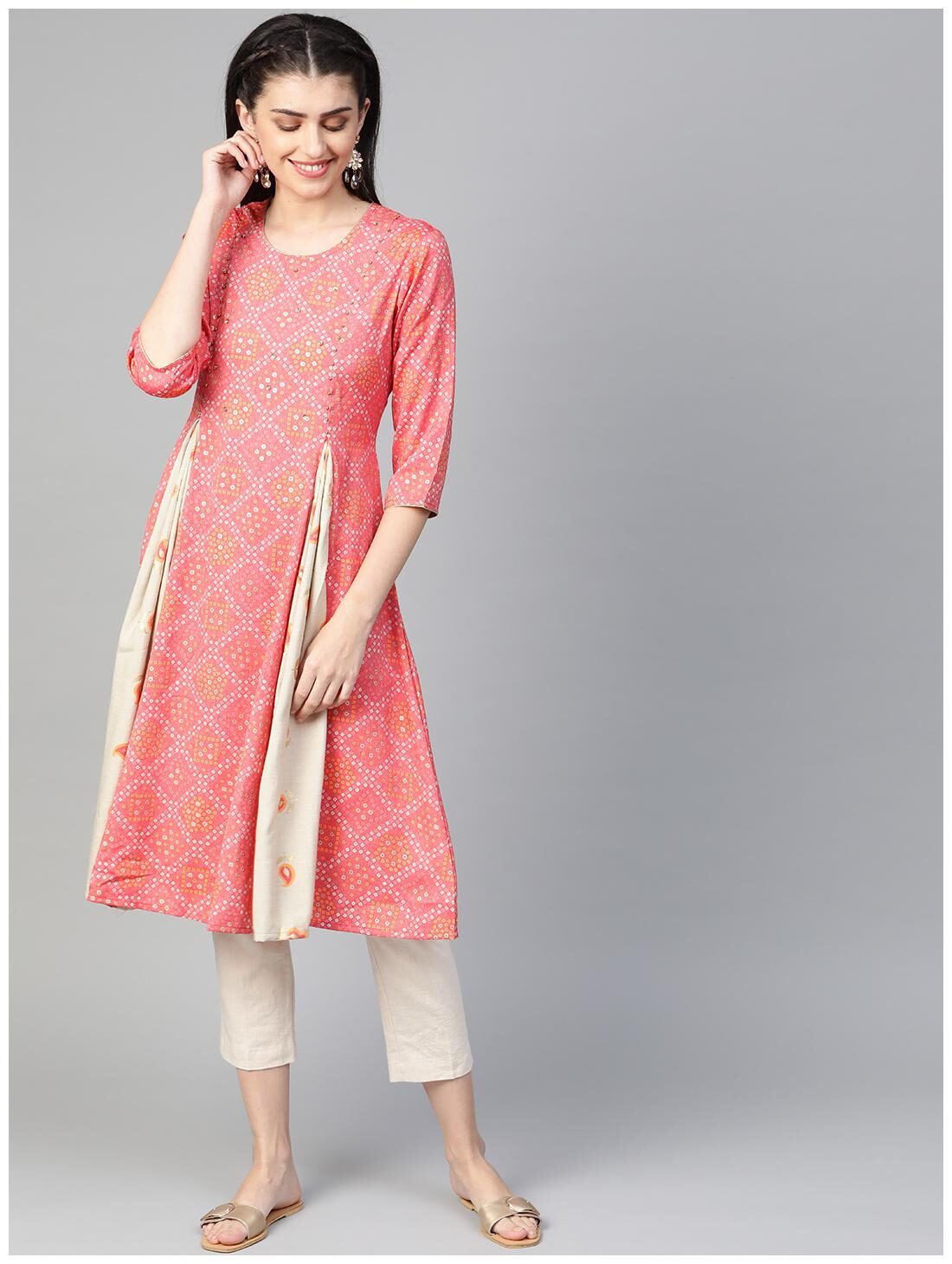 

Shree Women Pink Beige Rayon Bandhani Kurta