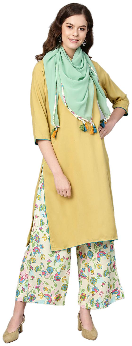 

Shree Women Yellow Green Solid Straight Kurta With Palazzo