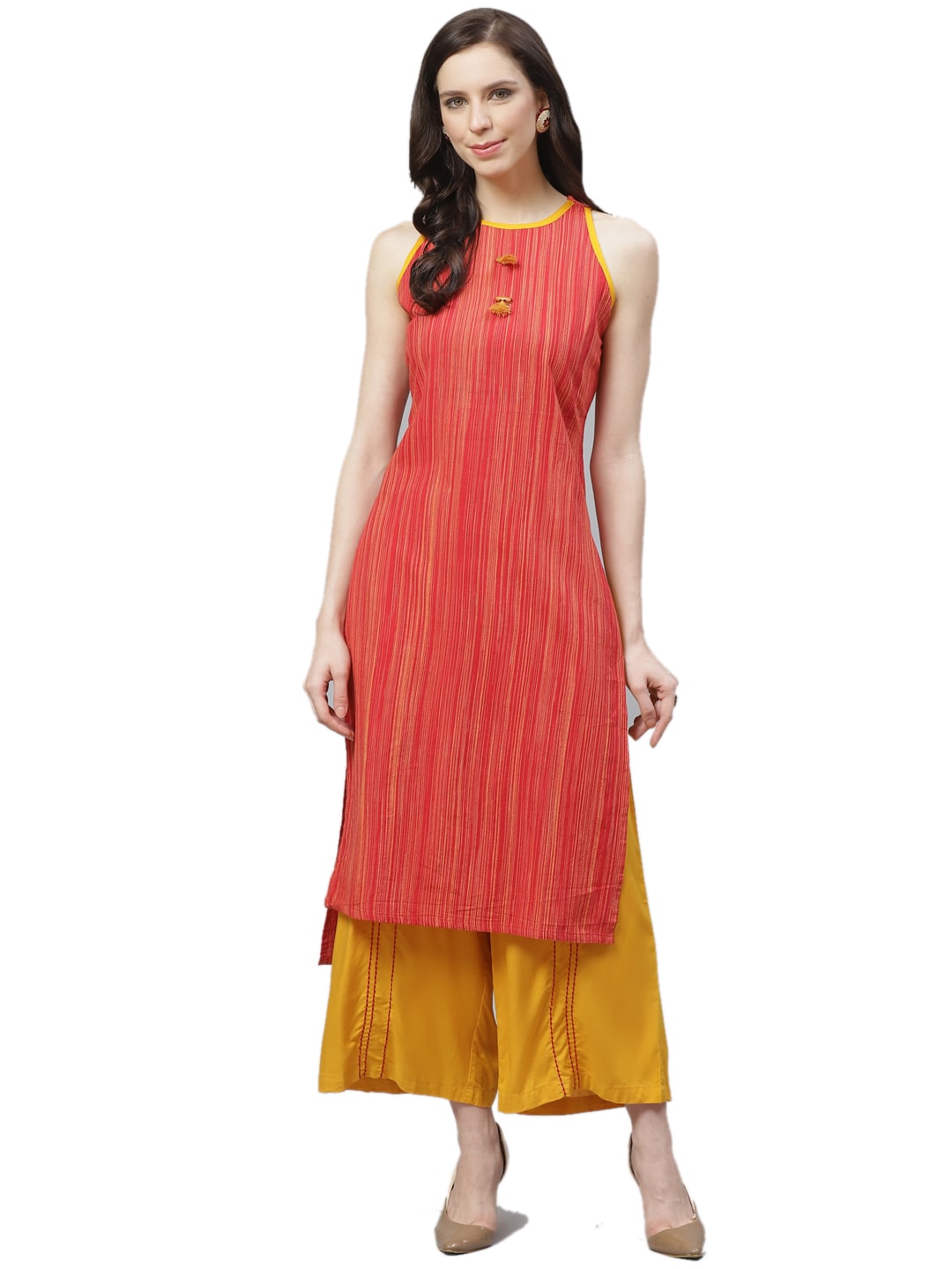 

Shree Women Cotton Regular Fit Kurta With Palazzo (Yellow Red)