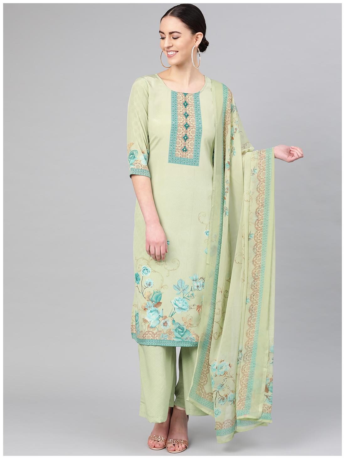 

Shree Women Green Floral Straight Kurta With Palazzo And Dupatta