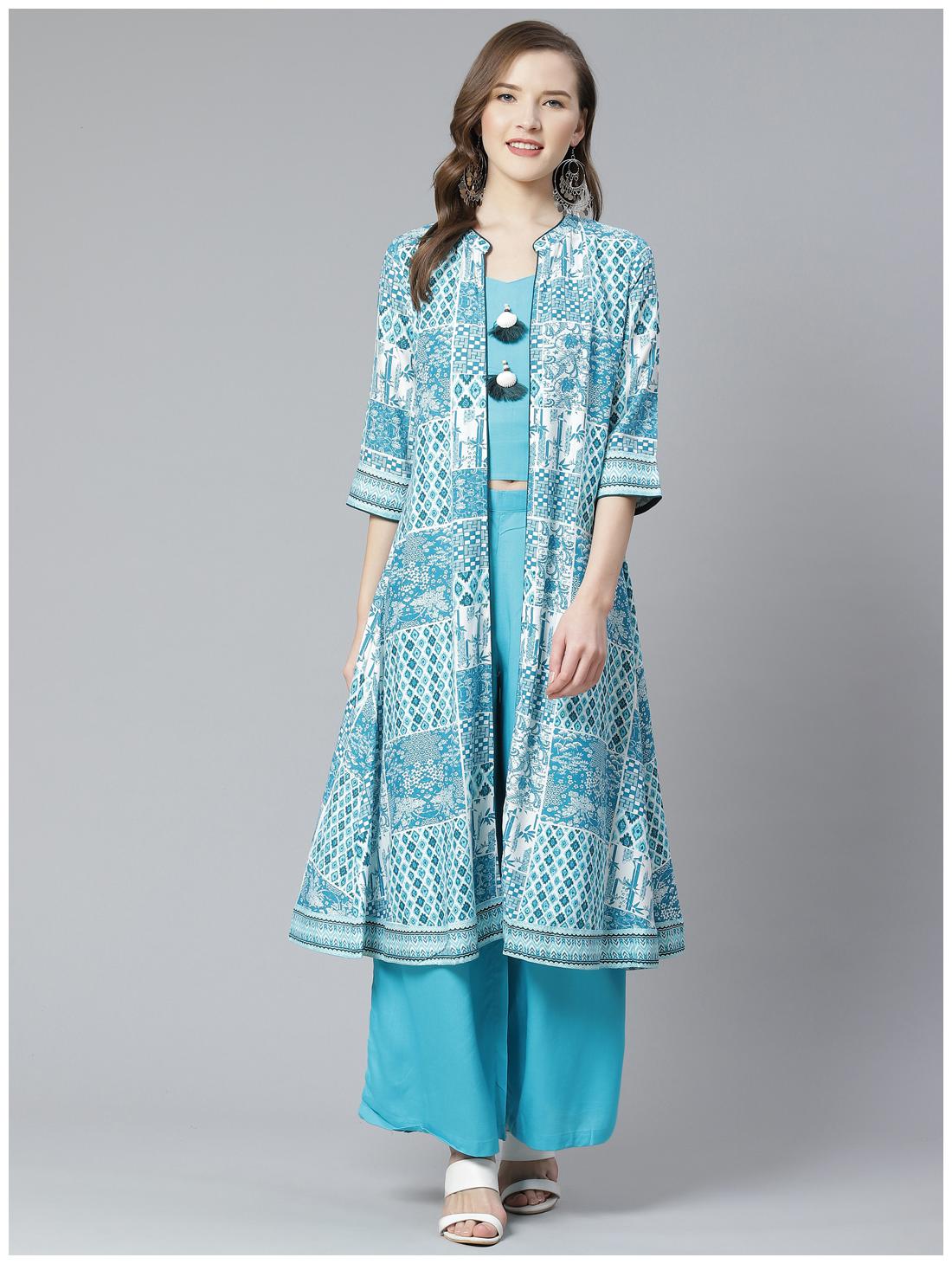 

Shree Women Turquoise Rayon Ikat Crop Top Jacket With Palazzo
