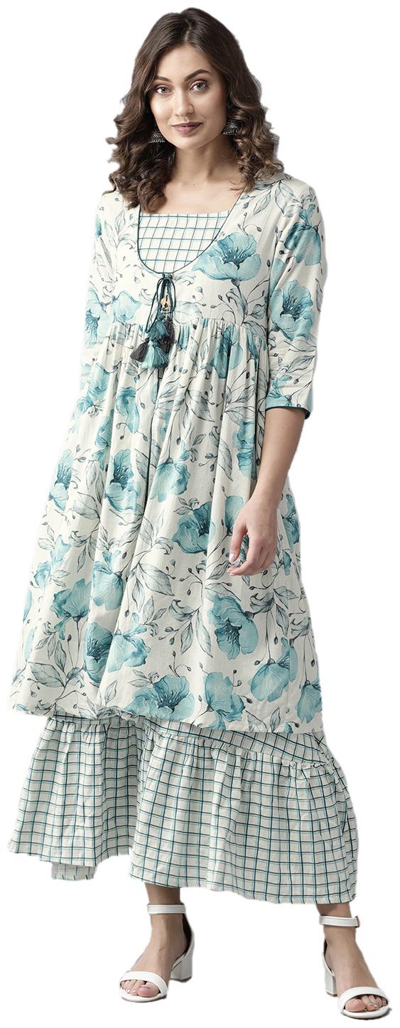 

Shree Women Off-White Blue Cotton Floral Dress With Jacket