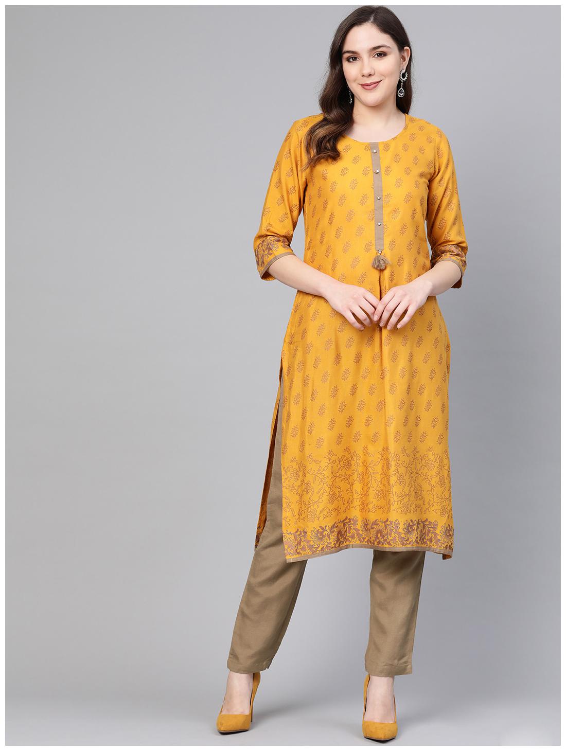 

Shree Women Mustard Printed Straight Kurta With Pants