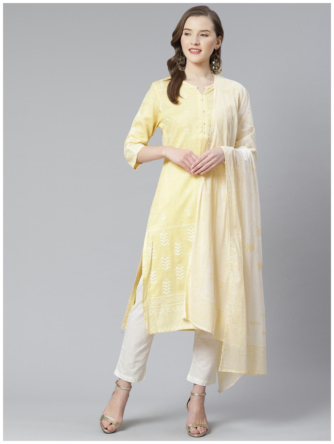 

Shree Women Yellow Printed Straight Kurta With Trousers And Dupatta