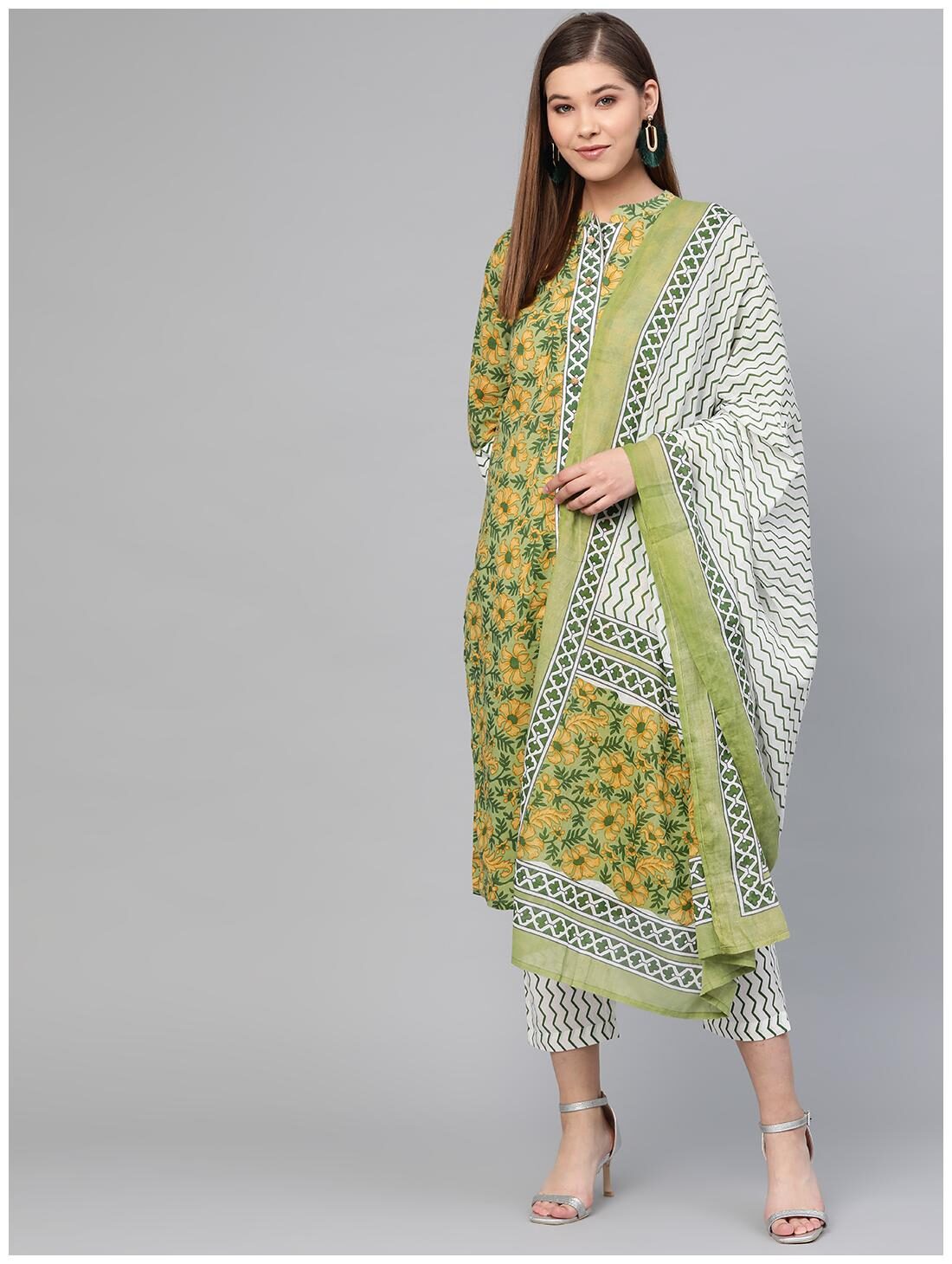 

Shree Women Green Floral Straight Kurta With Palazzo And Dupatta