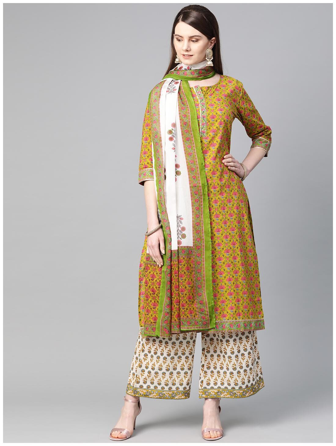 

Shree Women Green Floral Straight Kurta With Palazzo And Dupatta