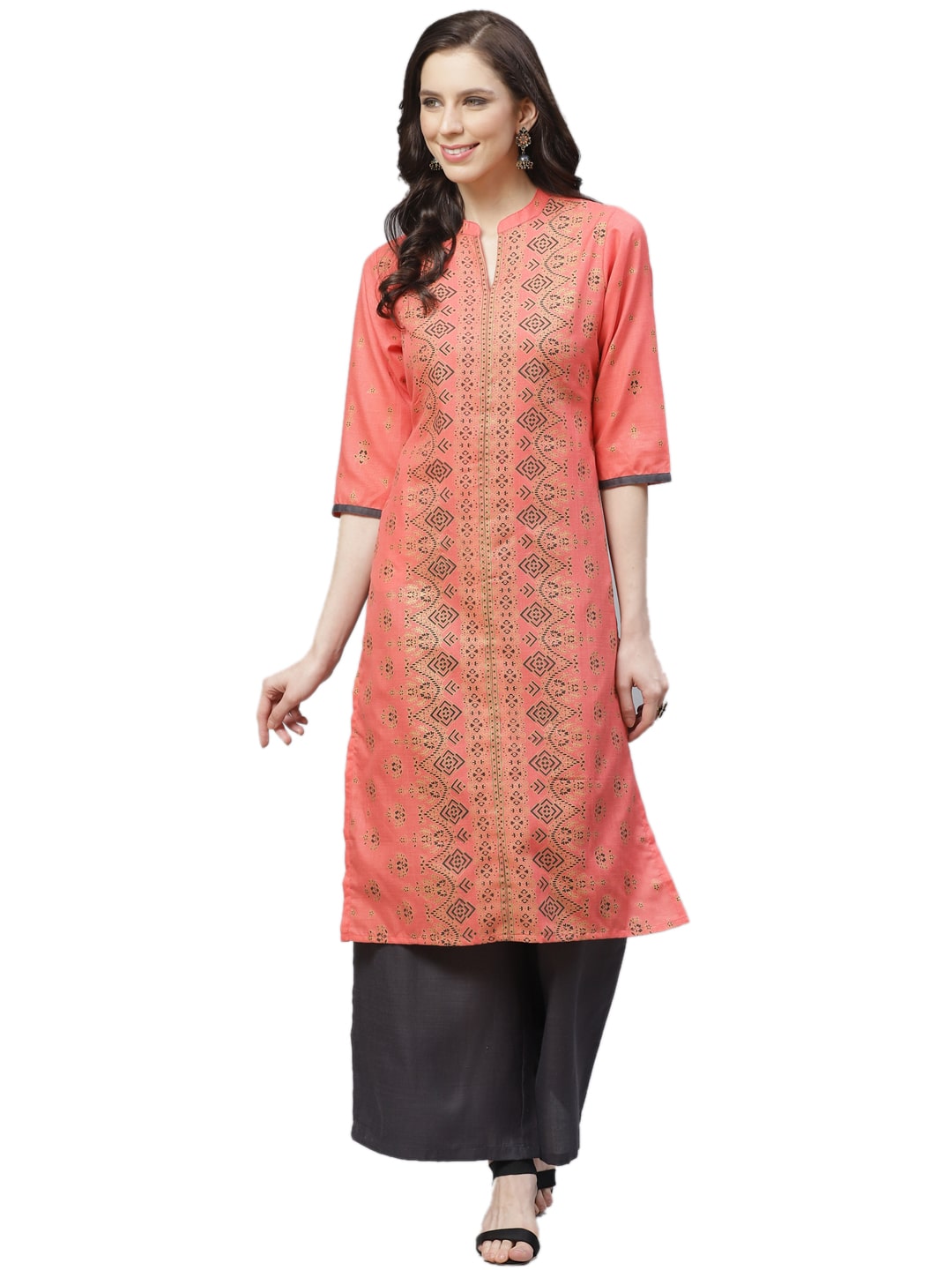 

Shree Women Grey Peach Printed Straight Kurta With Palazzo