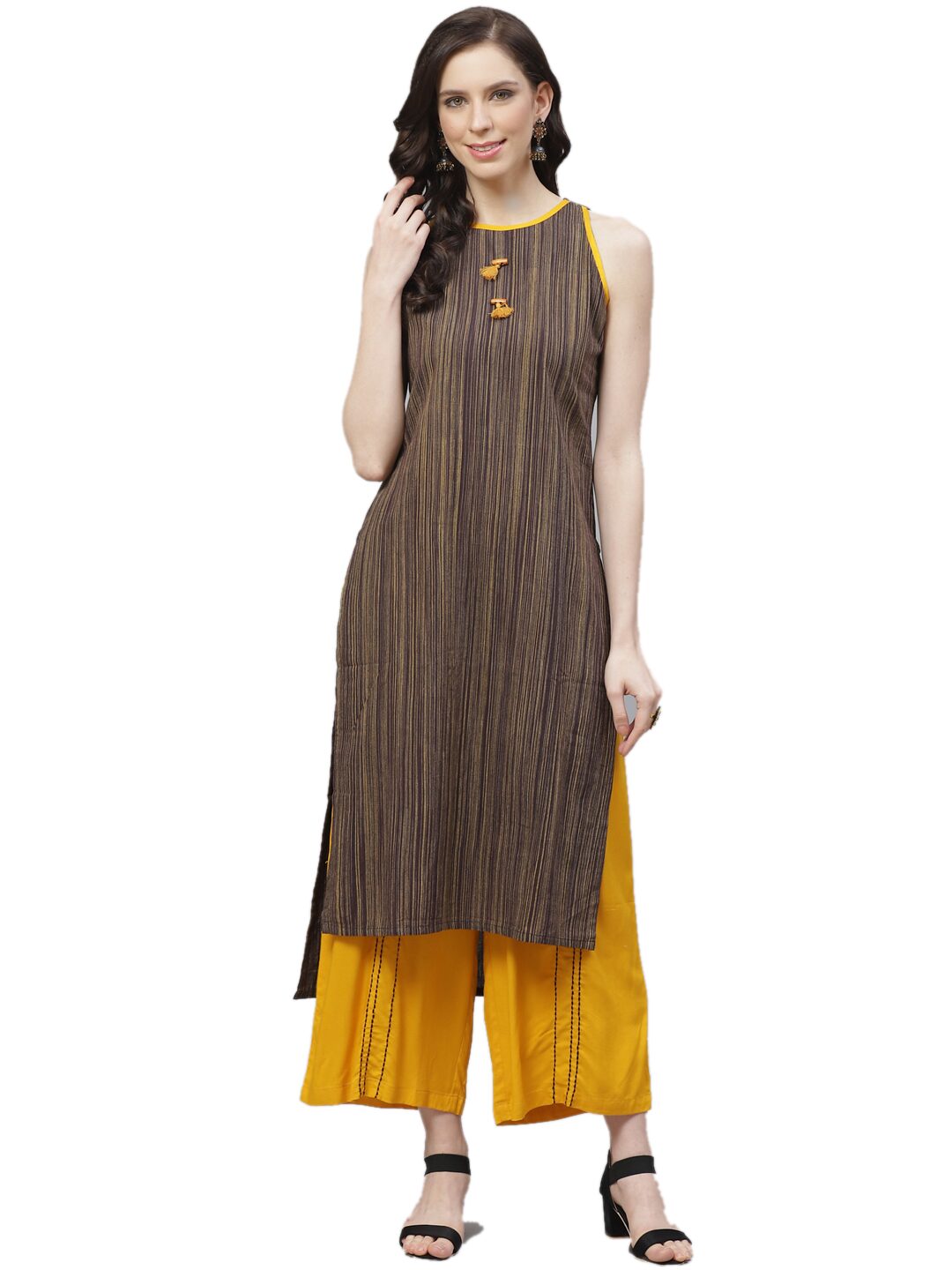 

Shree Women Cotton Regular Fit Kurta With Palazzo (Brown Yellow)