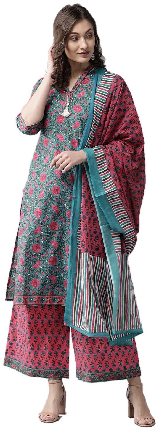 

Shree Women Turquoise Floral Straight Kurta With Palazzo And Dupatta