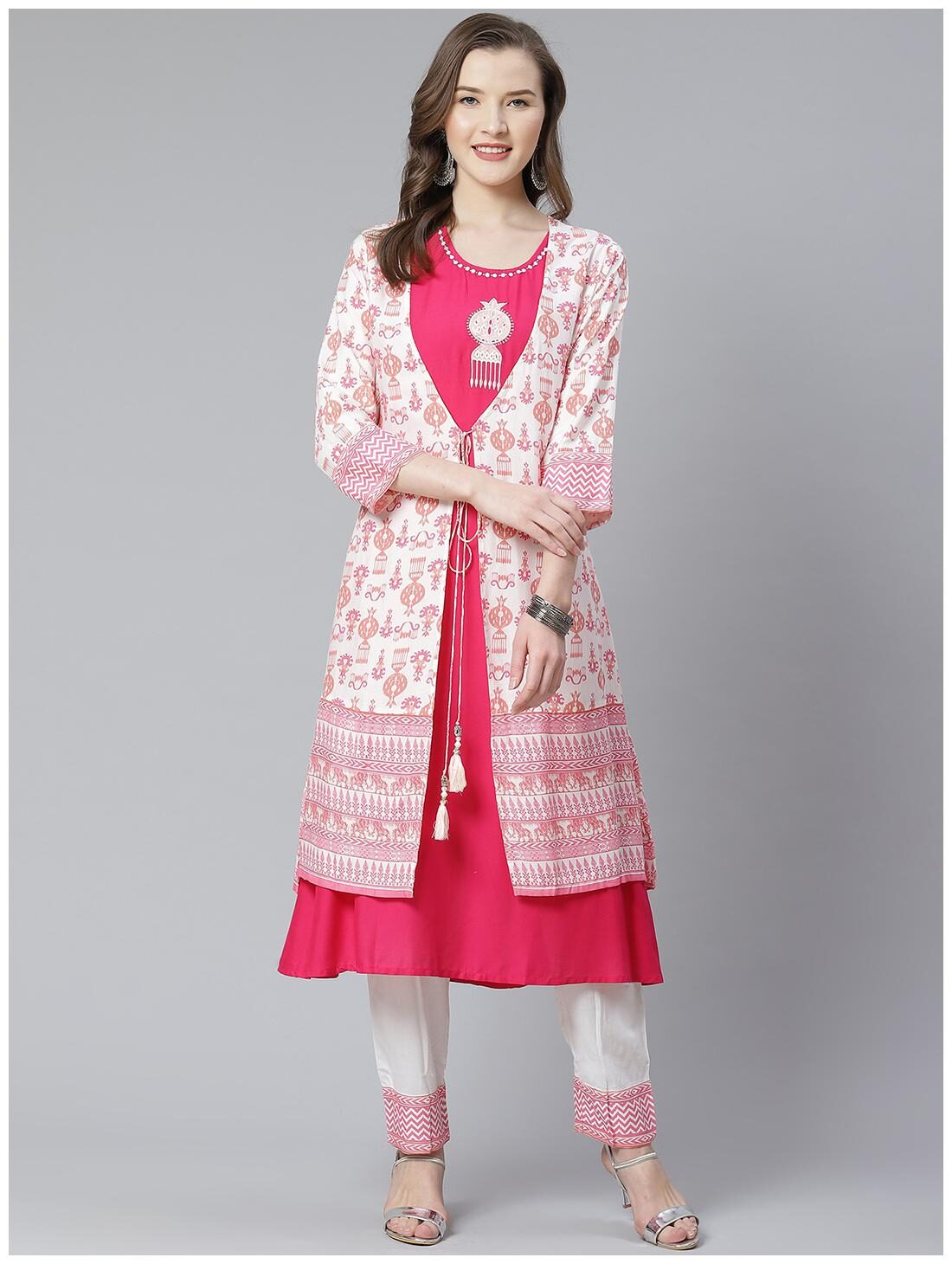 

Shree Women Pink Rayon Ikat Kurta Jacket With Trouser