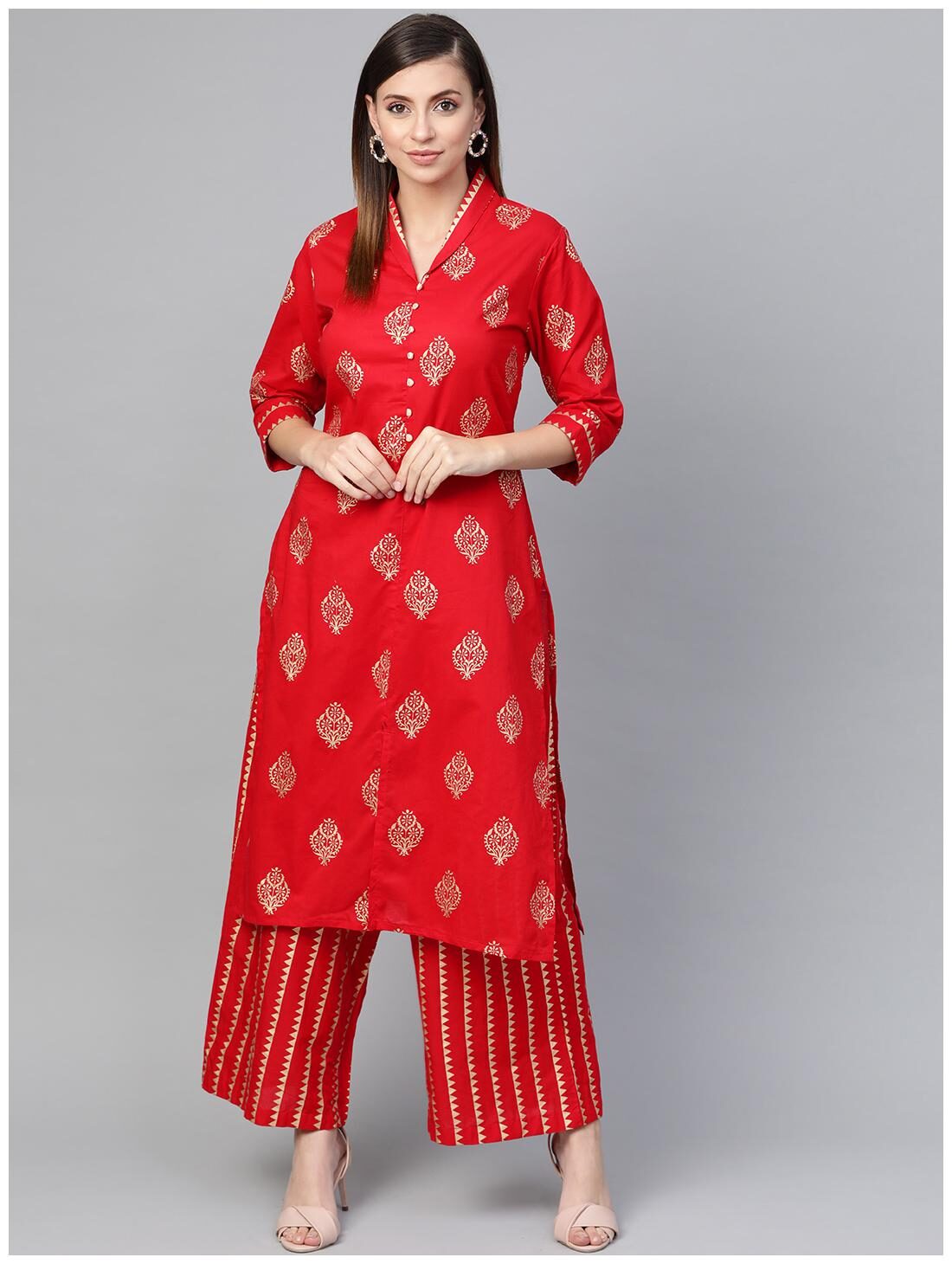 

Shree Women Red Printed Straight Kurta With Palazzo