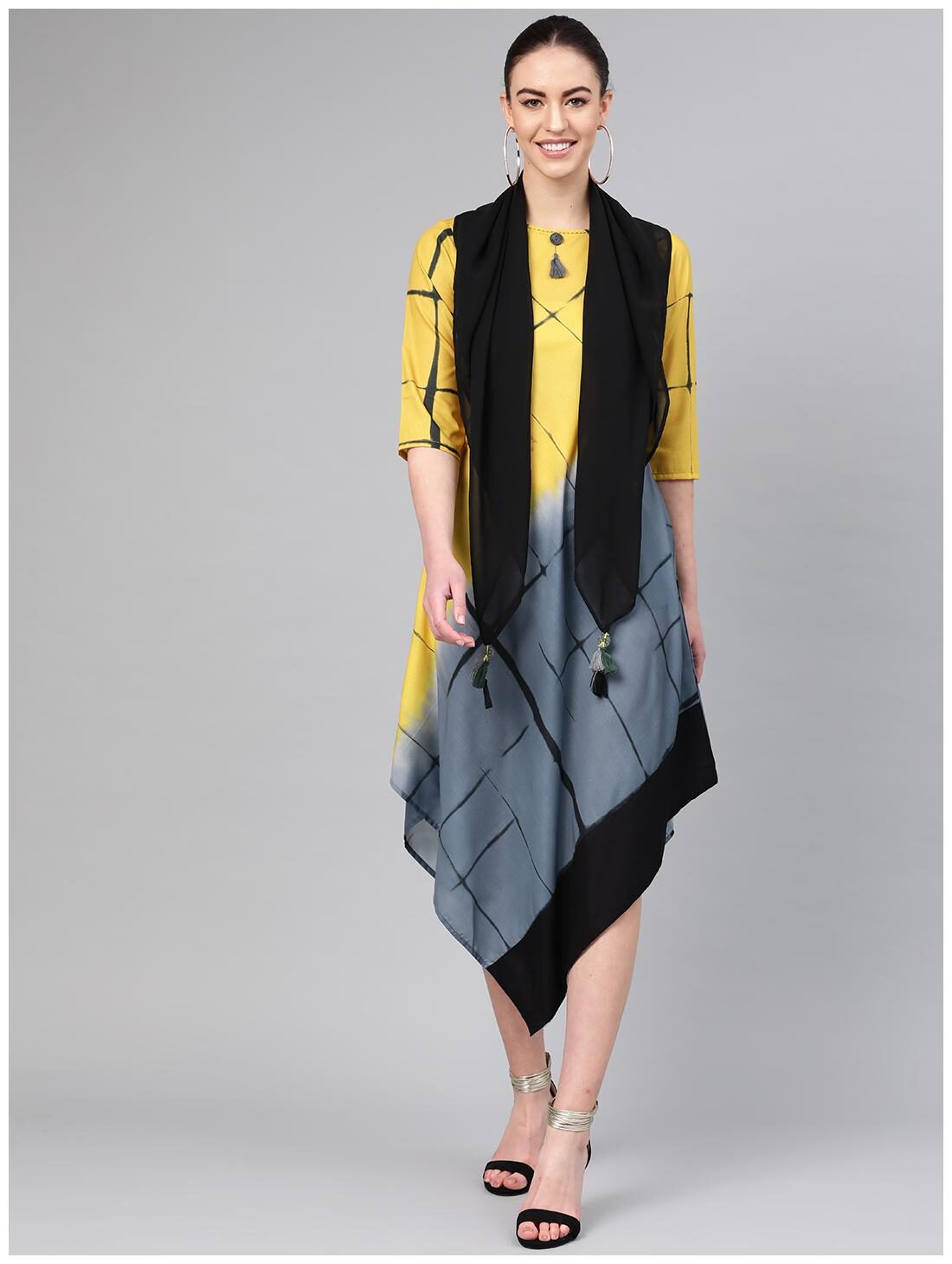 

Shree Women Yellow Grey Poly Tie-Dye Kurti With Scarf
