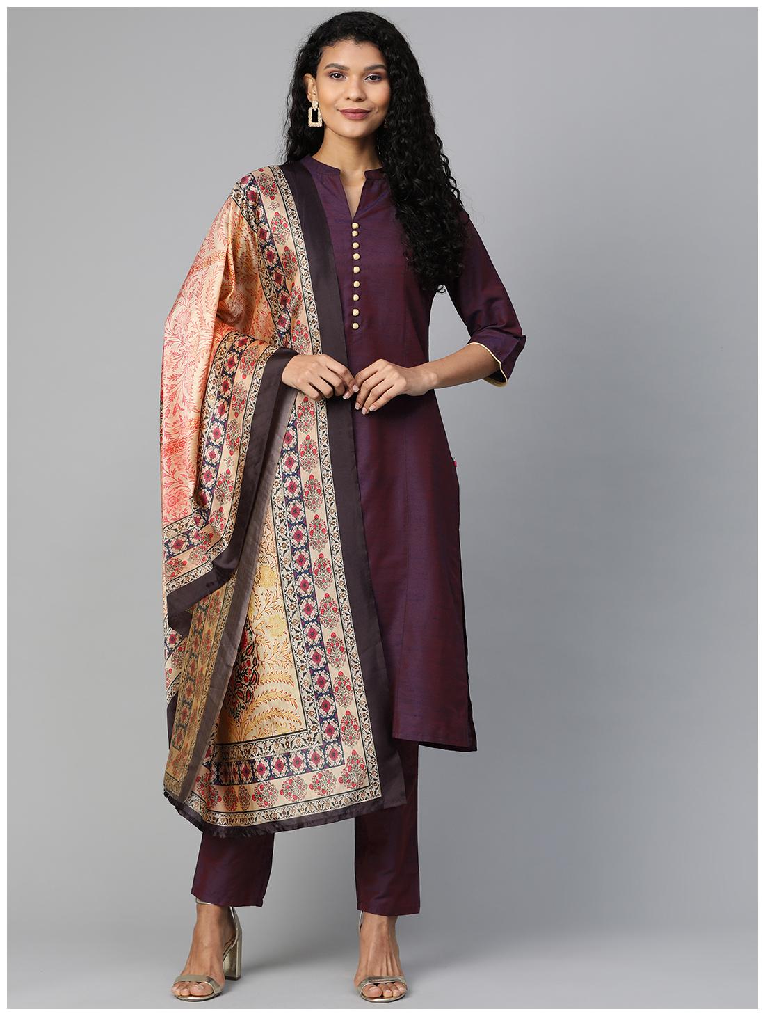 

Shree Women Purple Solid Straight Kurta With Trousers And Dupatta