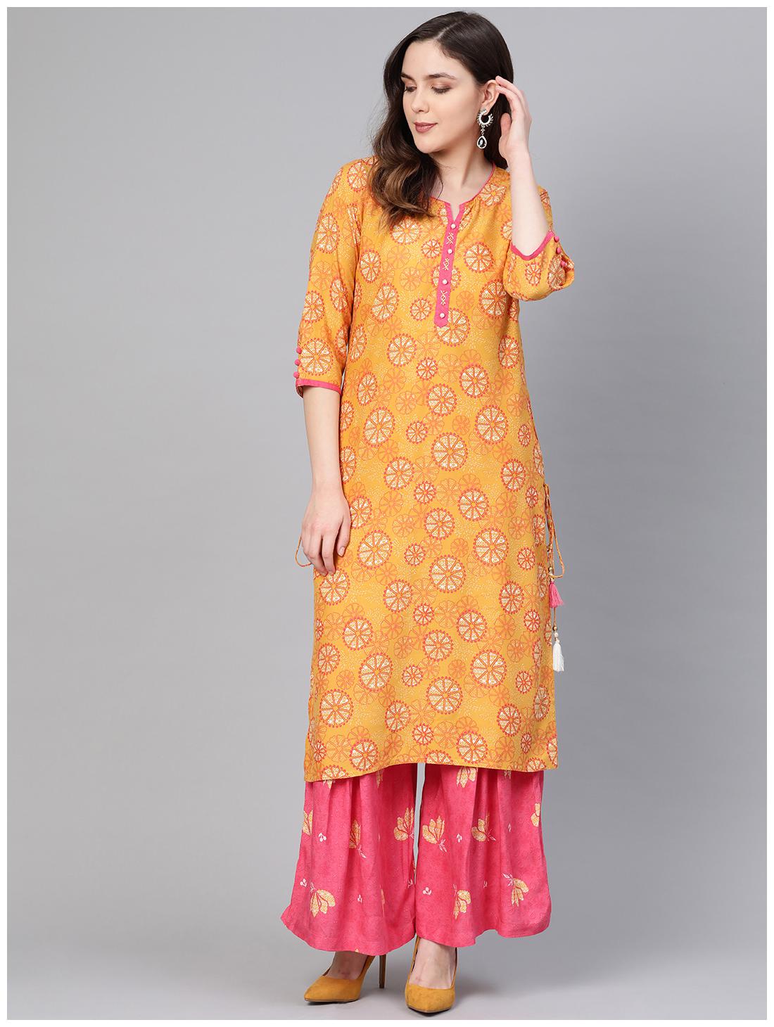 

Shree Women Yellow Printed Straight Kurta With Palazzo