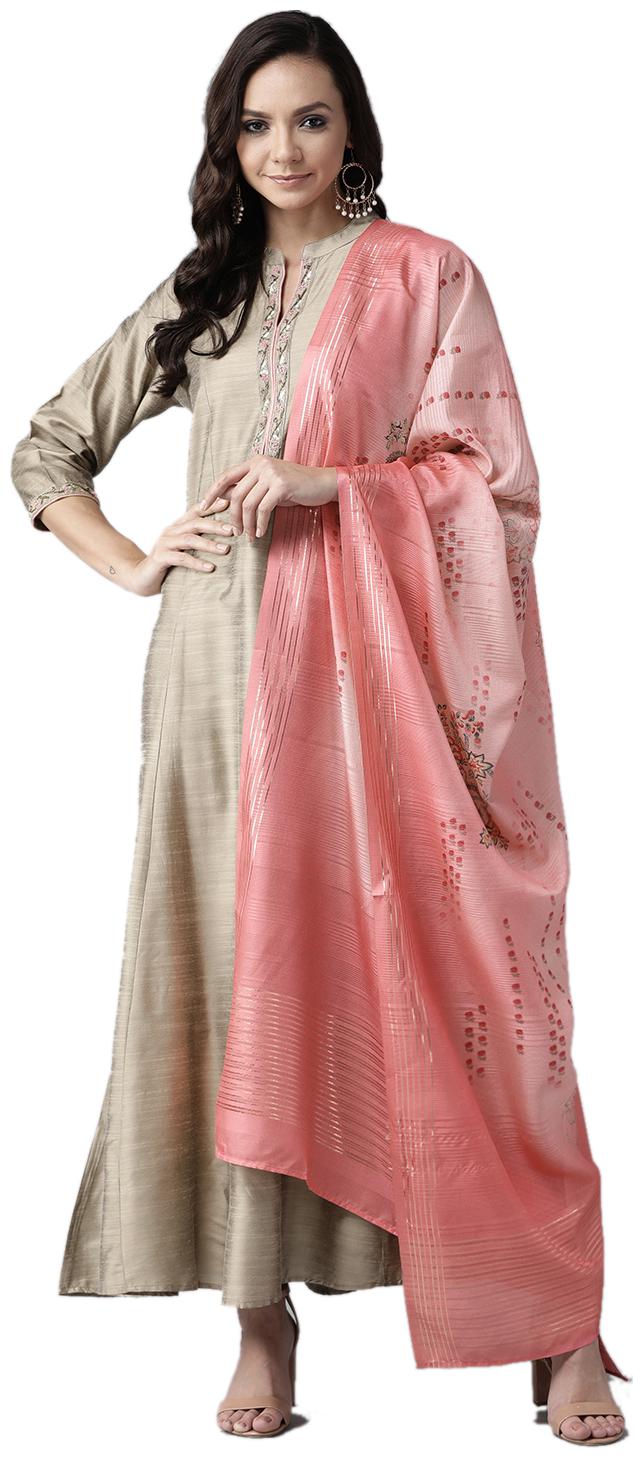 

Shree Women Dupion Silk Mandarin Collar Dress With Dupatta (Beige)