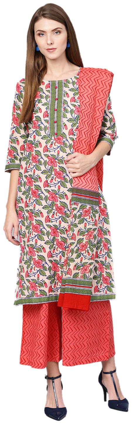 

Shree Women Pink Floral Straight Kurta With Pants And Dupatta
