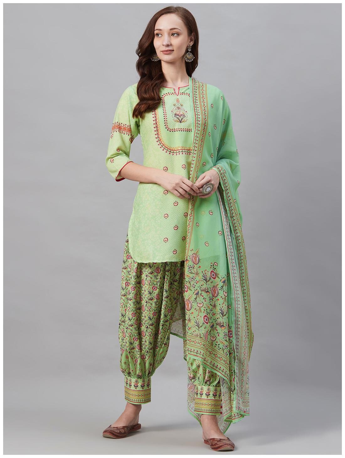 

Shree Women Green Floral Straight Kurti With Salwar And Dupatta