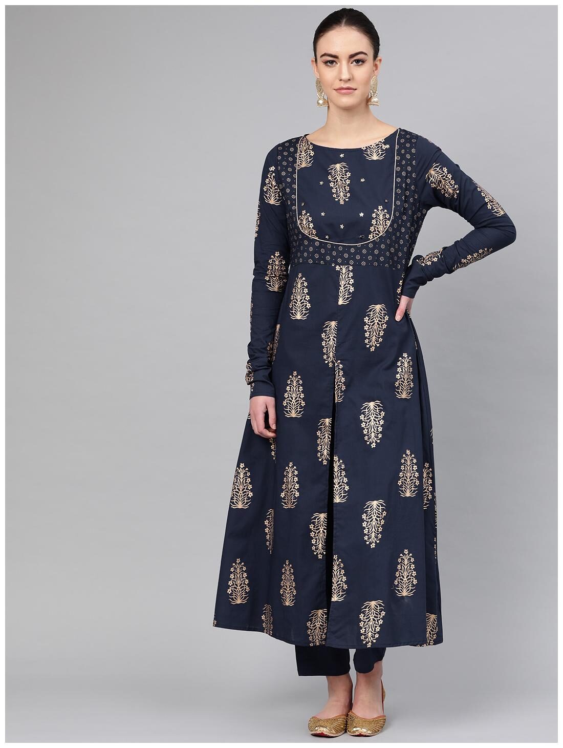 

Shree Women Navy Blue Cotton Kurti Trousers Without Dupatta