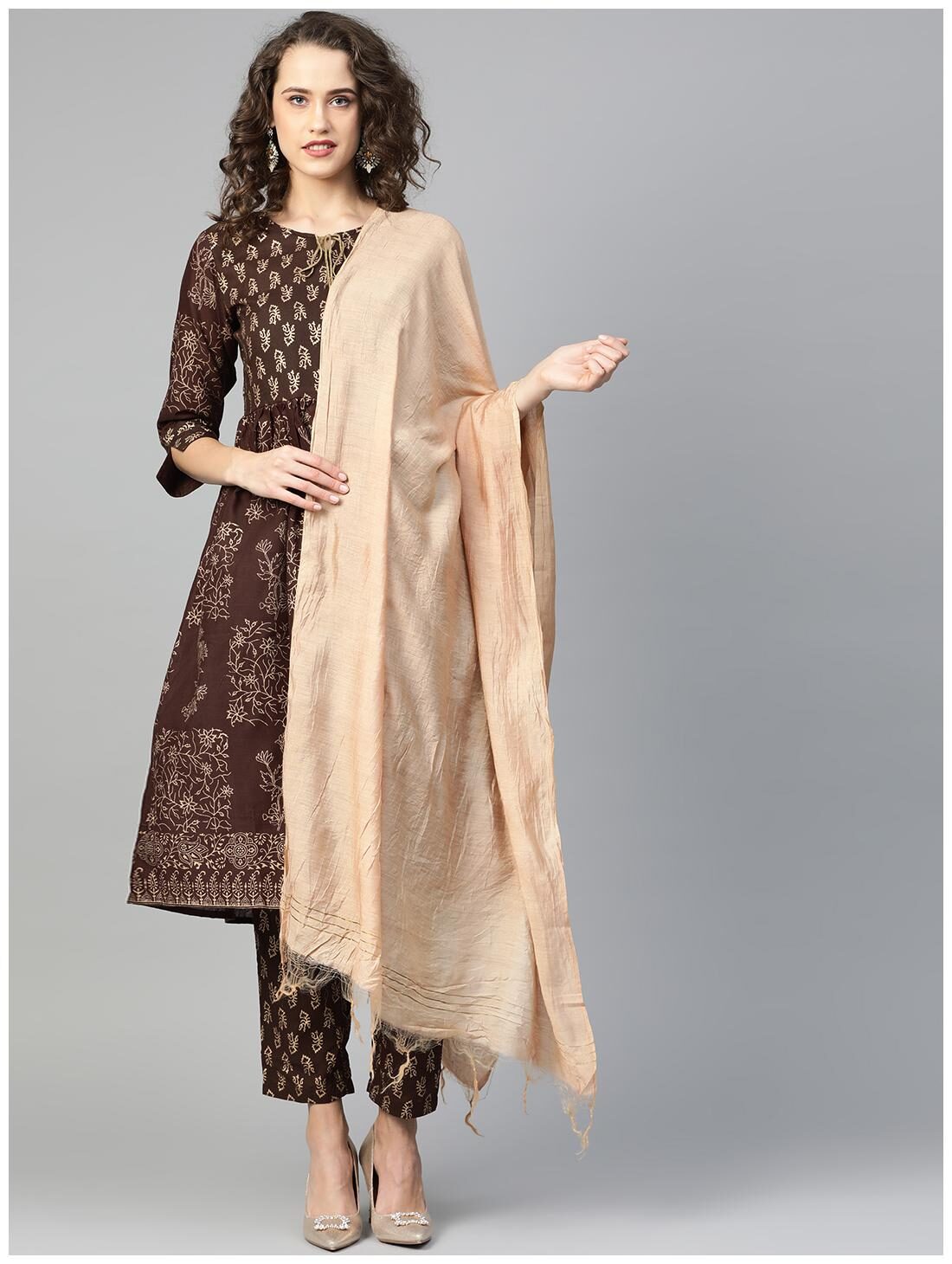 

Shree Women Cotton A-Line Suit Set -Brown