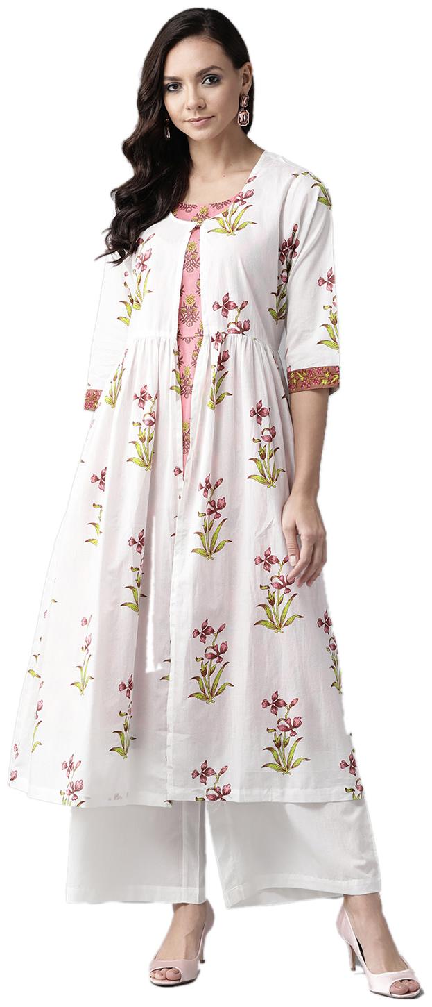 

Shree Women Cotton Floral Kurta Jacket With Palazzo(White)