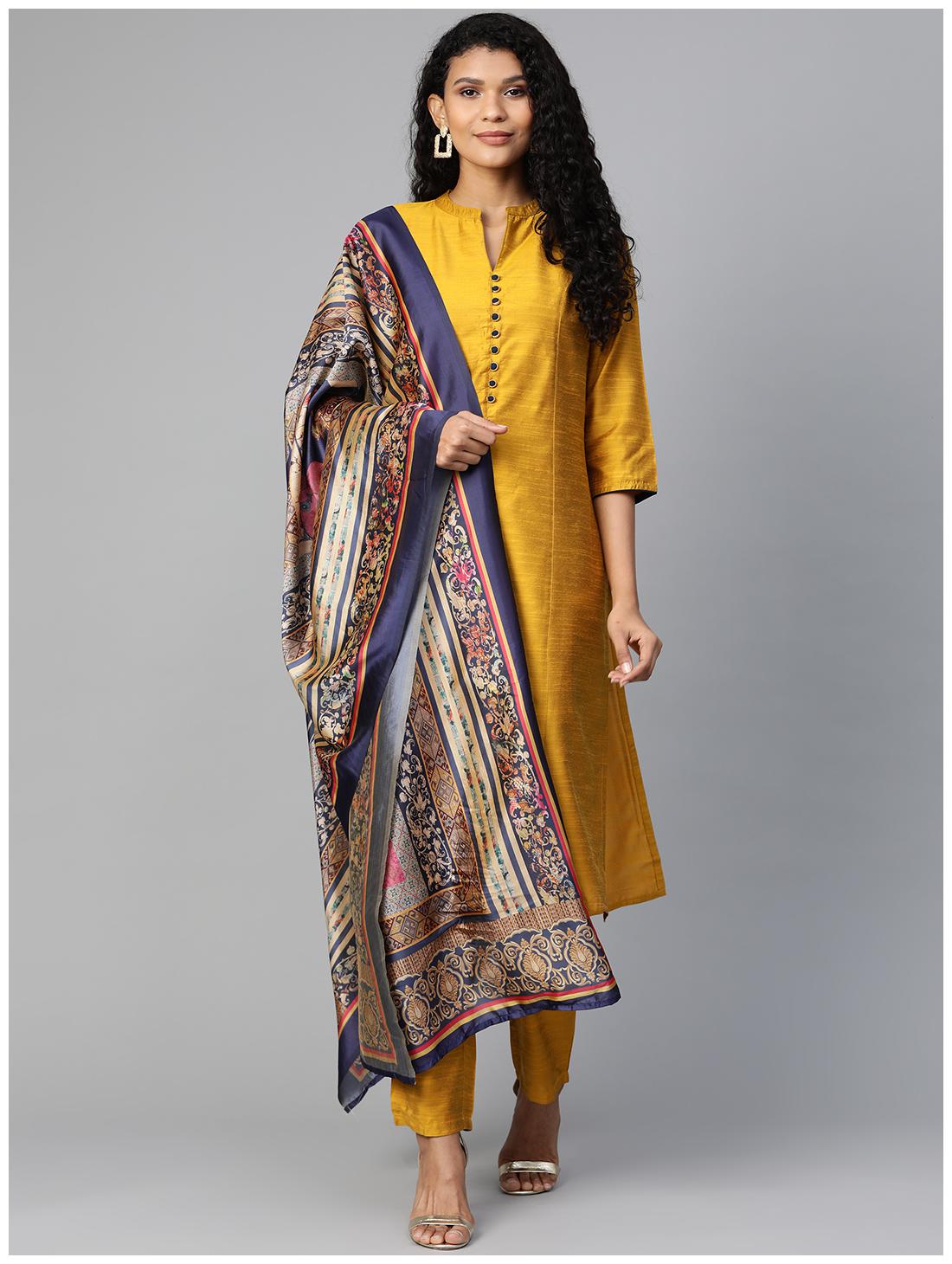 

Shree Women Mustard Solid Straight Kurta With Trousers And Dupatta