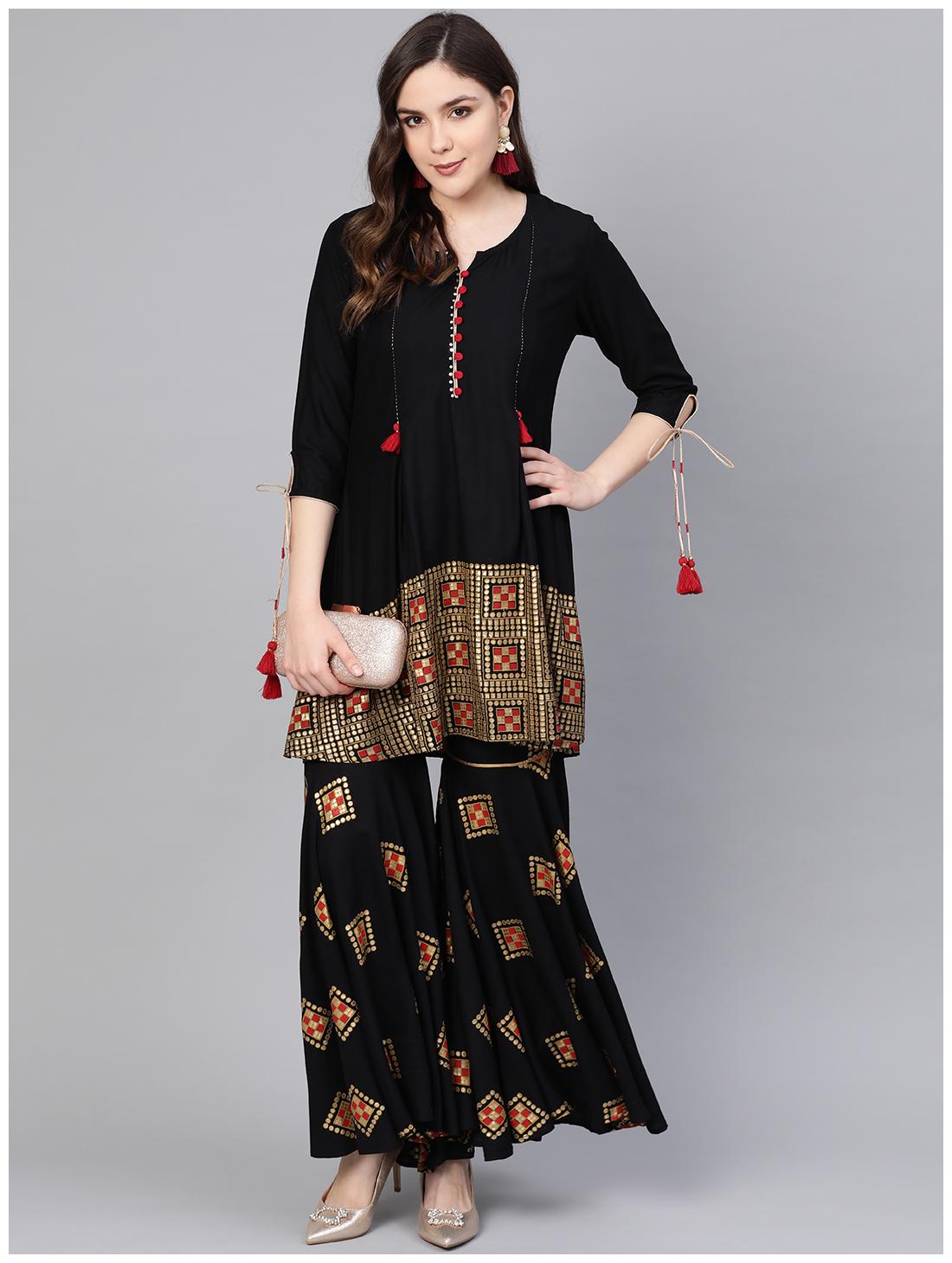 

Shree Women Rayon Geometric Kurta Sharara Black
