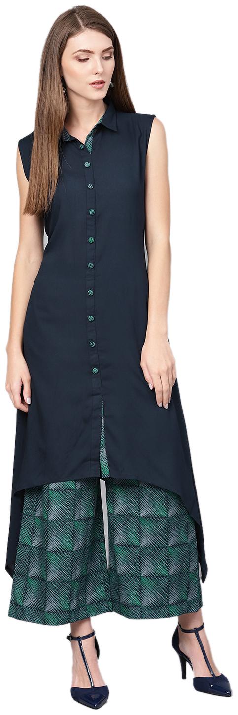 

Shree Women Rayon Kurta With Palazzo Navy Blue and Green color