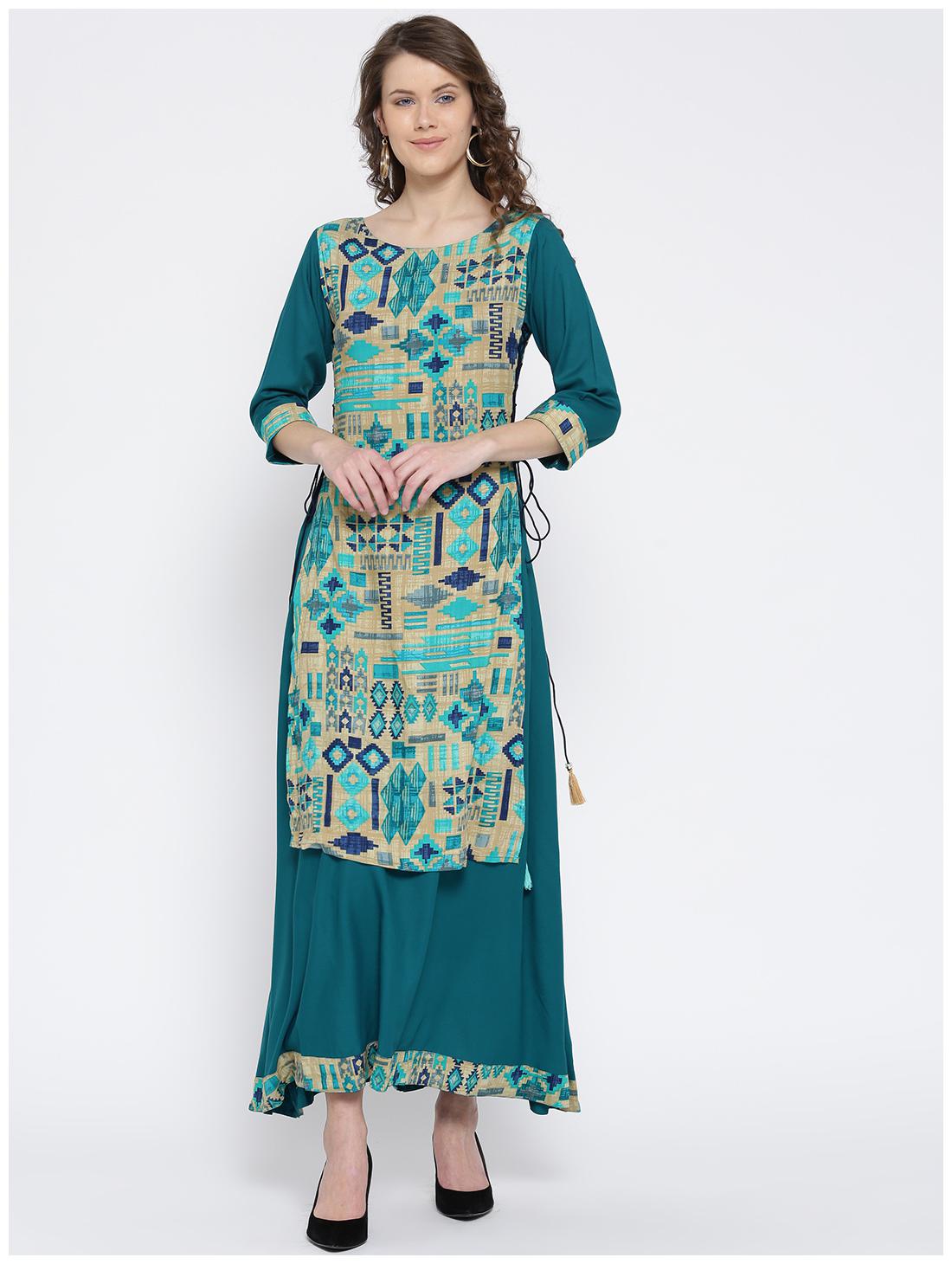 

Shree Women Beige Teal Rayon Printed Fusion Kurta