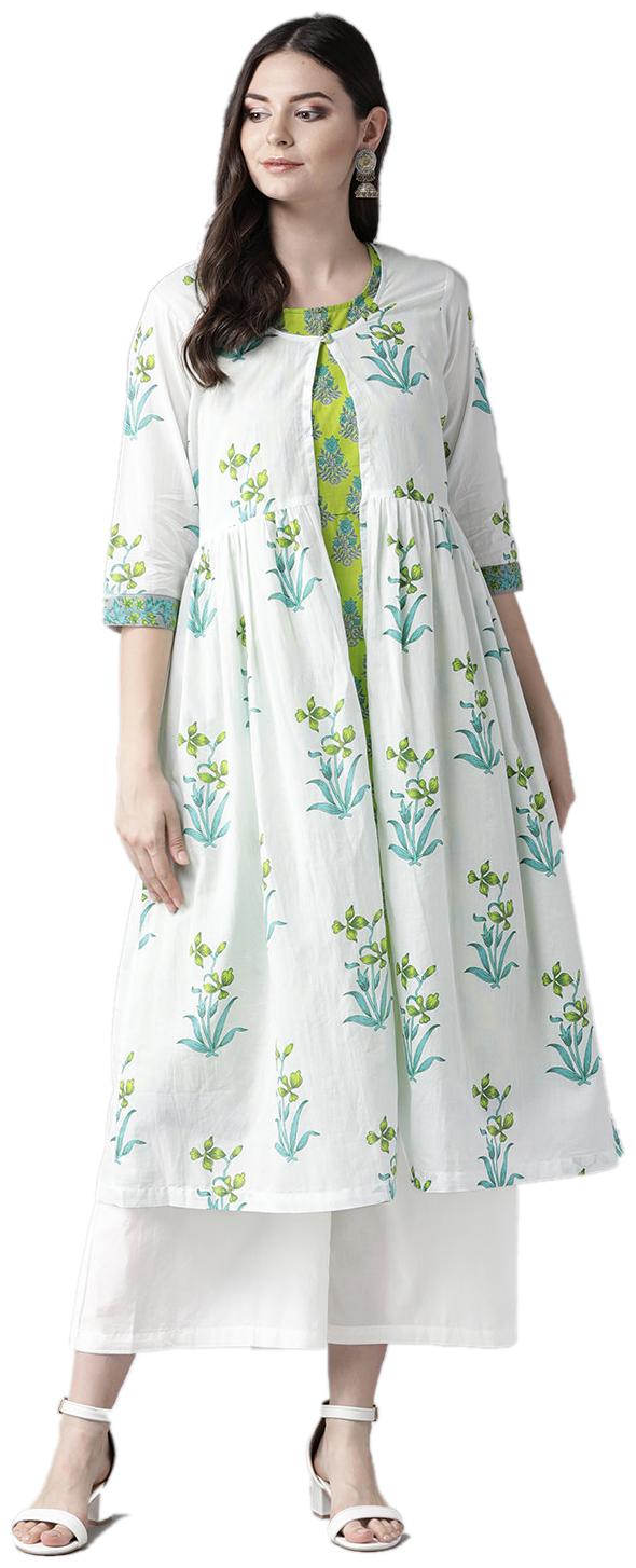 

Shree Women Cotton Floral Kurta Jacket With Palazzo(White)