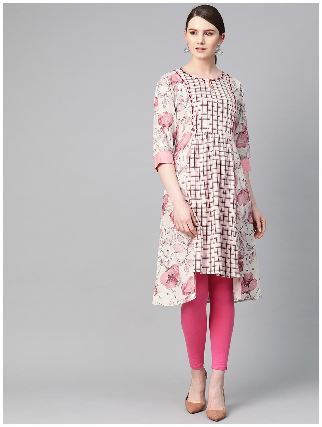 

Shree Women Cotton Floral Pink Off White Kurta