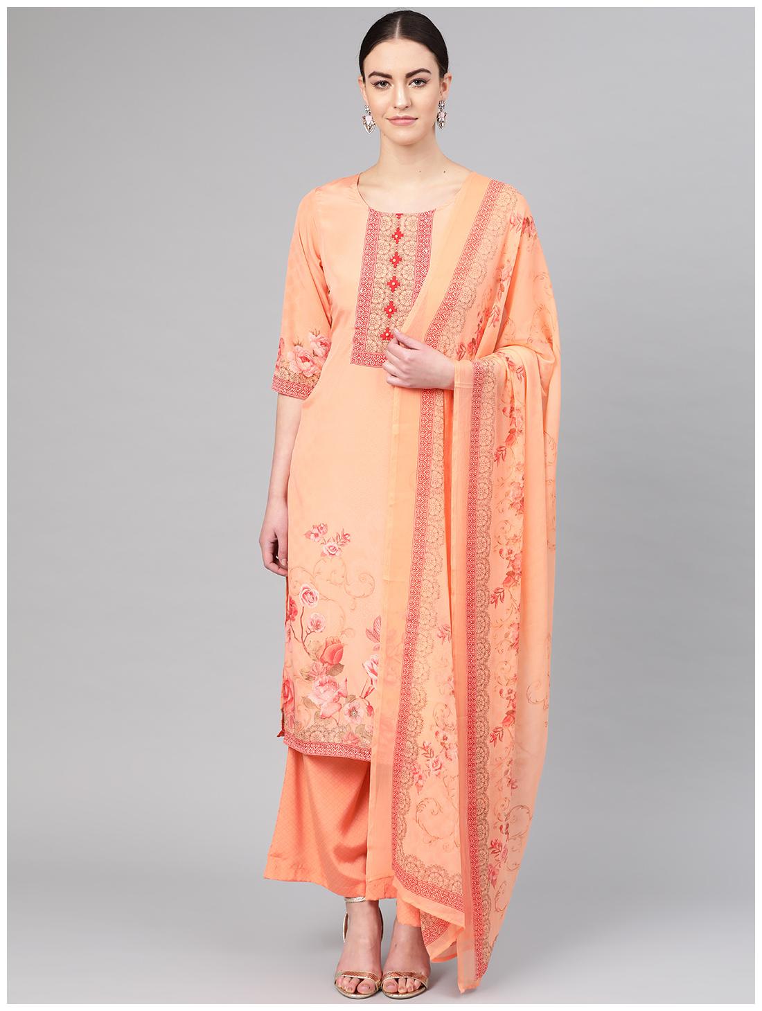 

Shree Women Peach Floral Straight Kurti With Palazzo And Dupatta