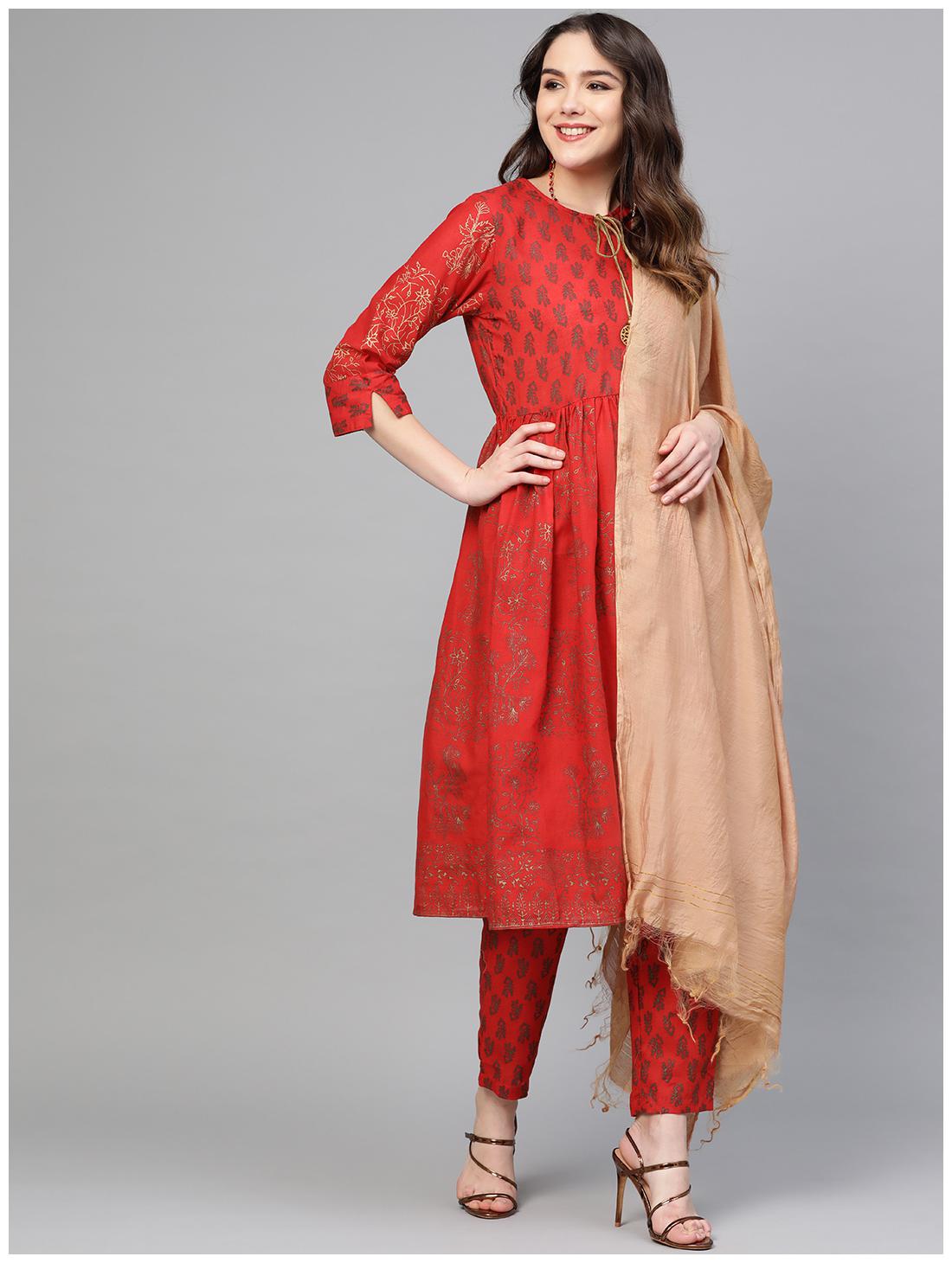 

Shree Women Cotton A-Line Suit Set -Red