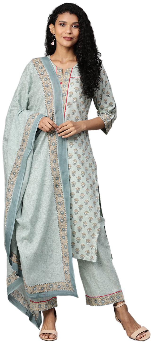 

Shree Women Grey Floral Straight Kurta With Pants And Dupatta