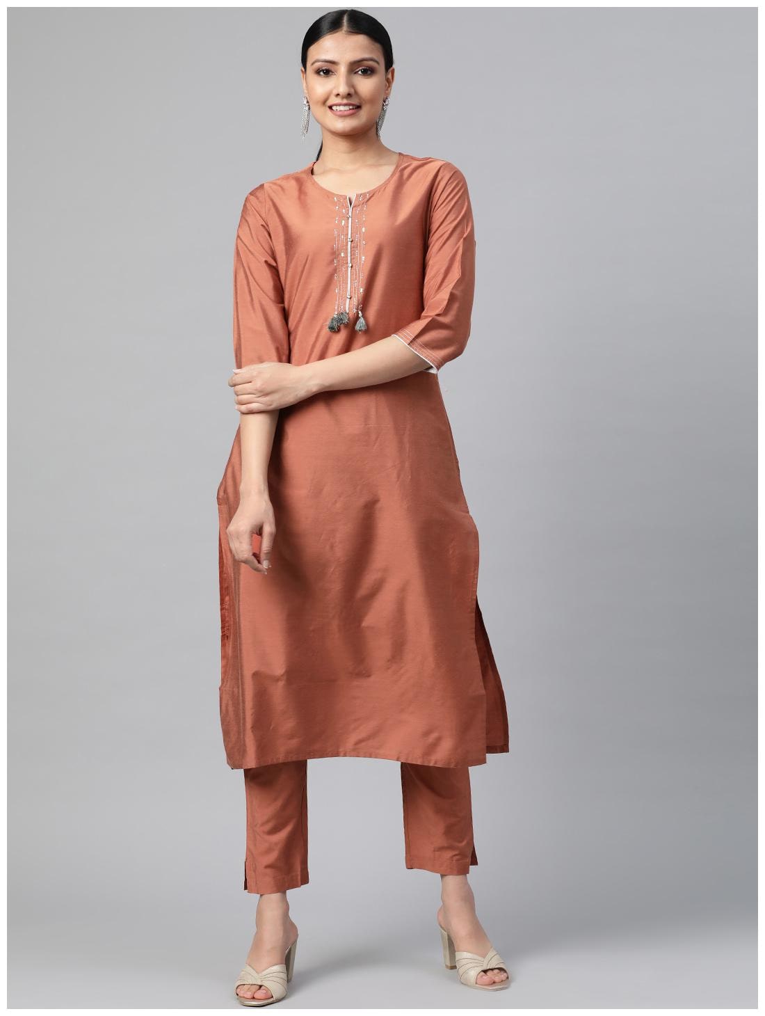 

Shree Womens Rust Poly Art Silk Solid Floral Kurta With Pant