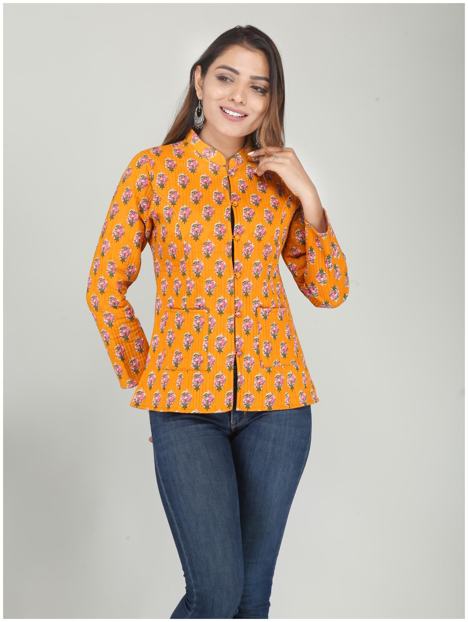 

Shrigul Cotoon Mustard Color One Side Floral One Side Solid Full Sleeve Reversible Ethnic Jackets for Winters