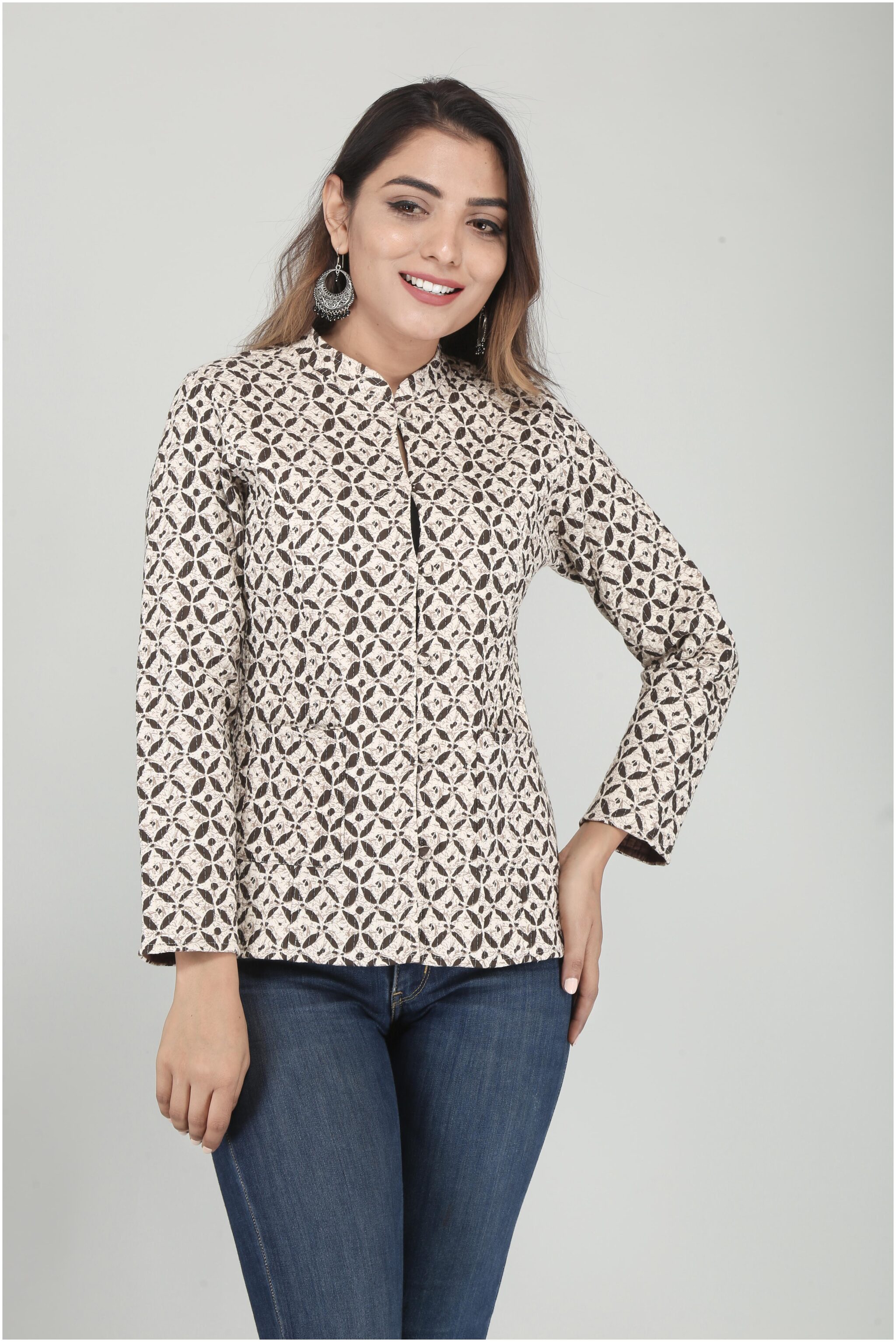 

Shrigul Cotoon Brown White Color One Side Printed One Side Solid Full Sleeve Reversible Ethnic Jackets for Winters