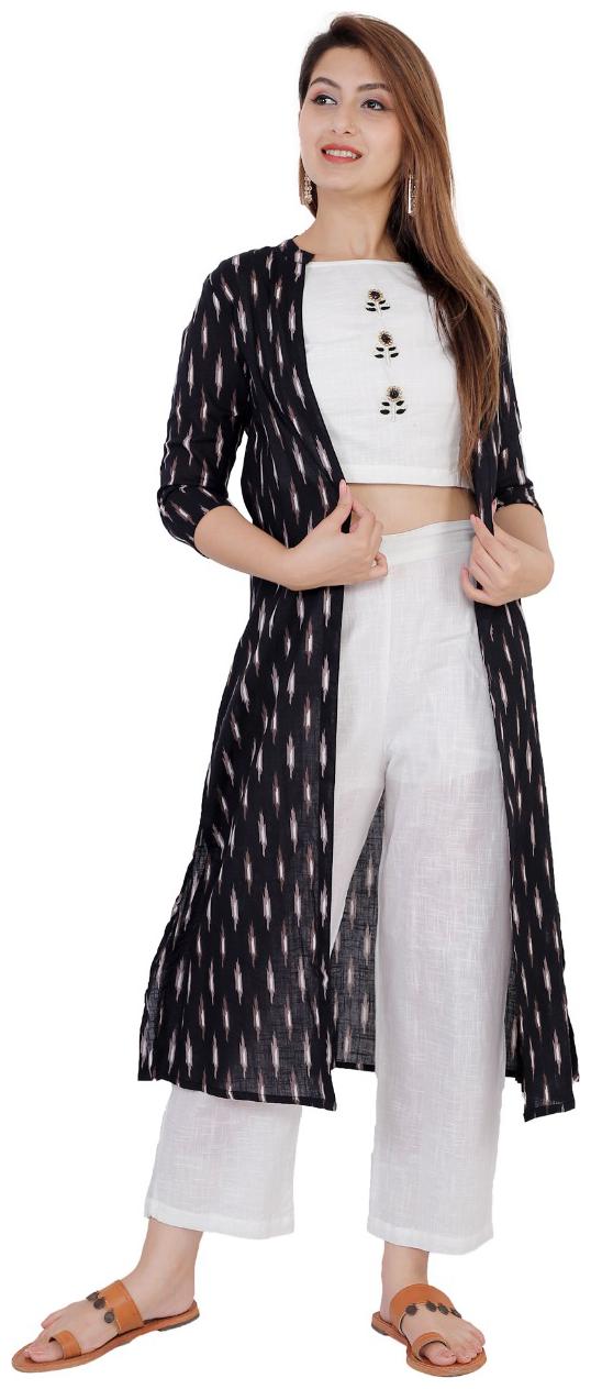 

Shrigul Latest Trendy Shrug Crop Top Pants Kurta Set for Ladies Women for Casual Wear Black Color