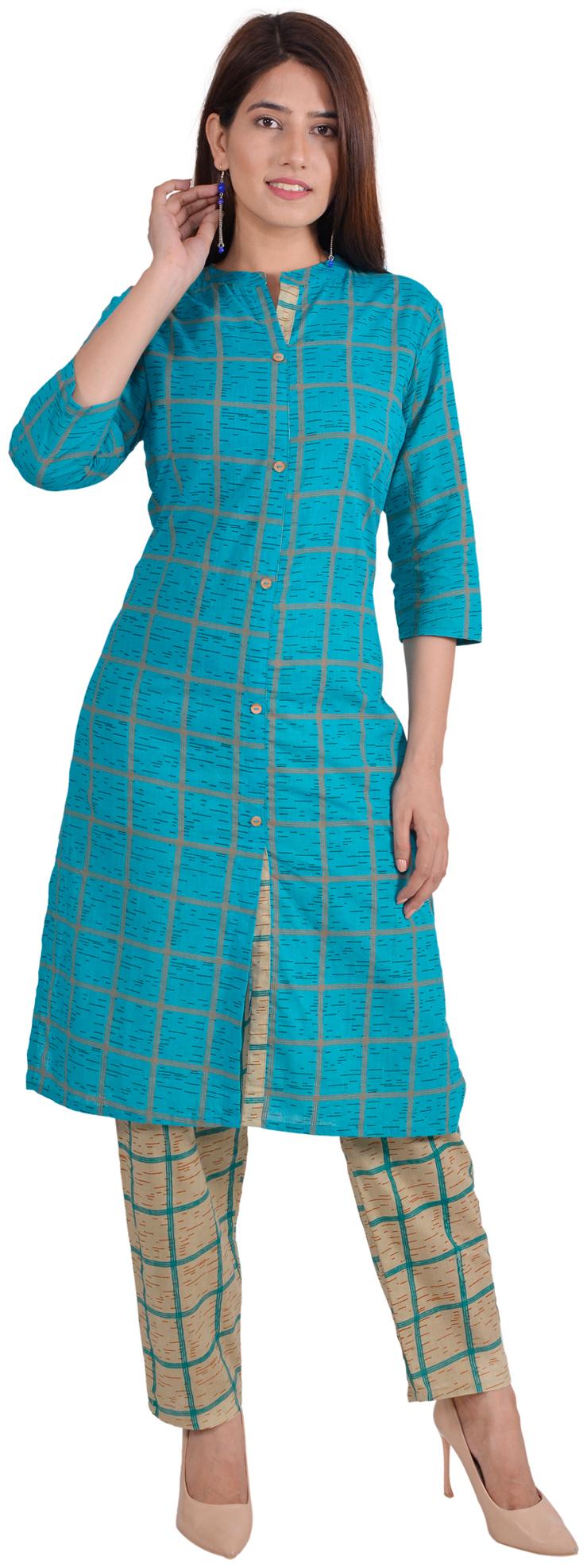 

Shrigul Women Cotton Checkered Blue Kurta With Pants