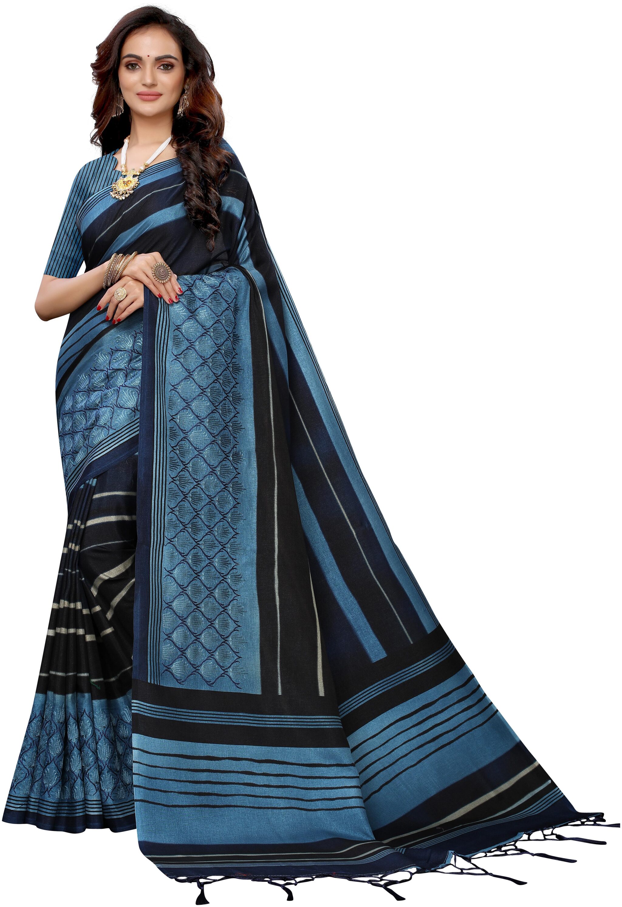 

Silkvilla Blue Cotton Striped Saree With Blouse For Women
