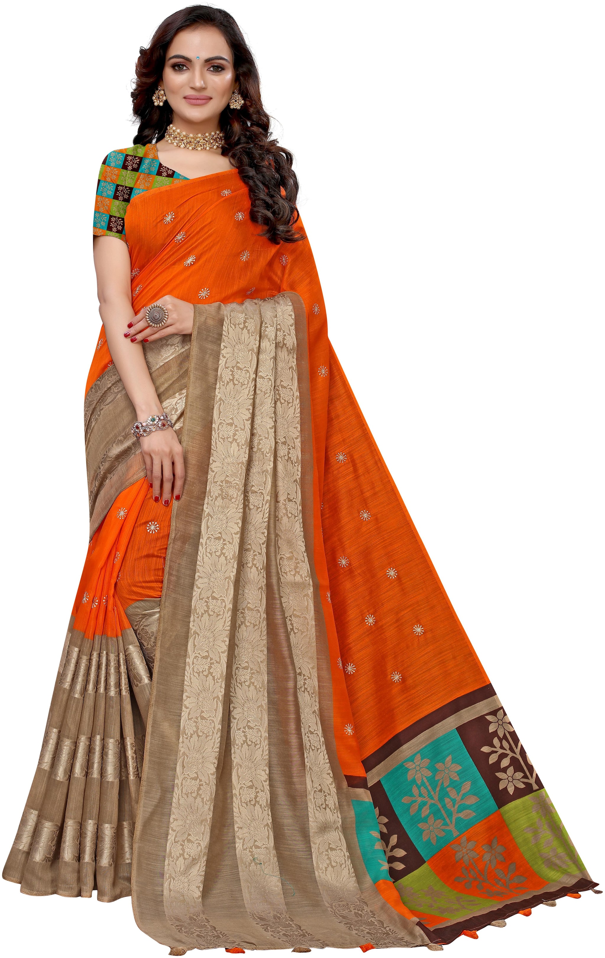 

Silkvilla Cotton Embroidered Orange Regular Saree For Women