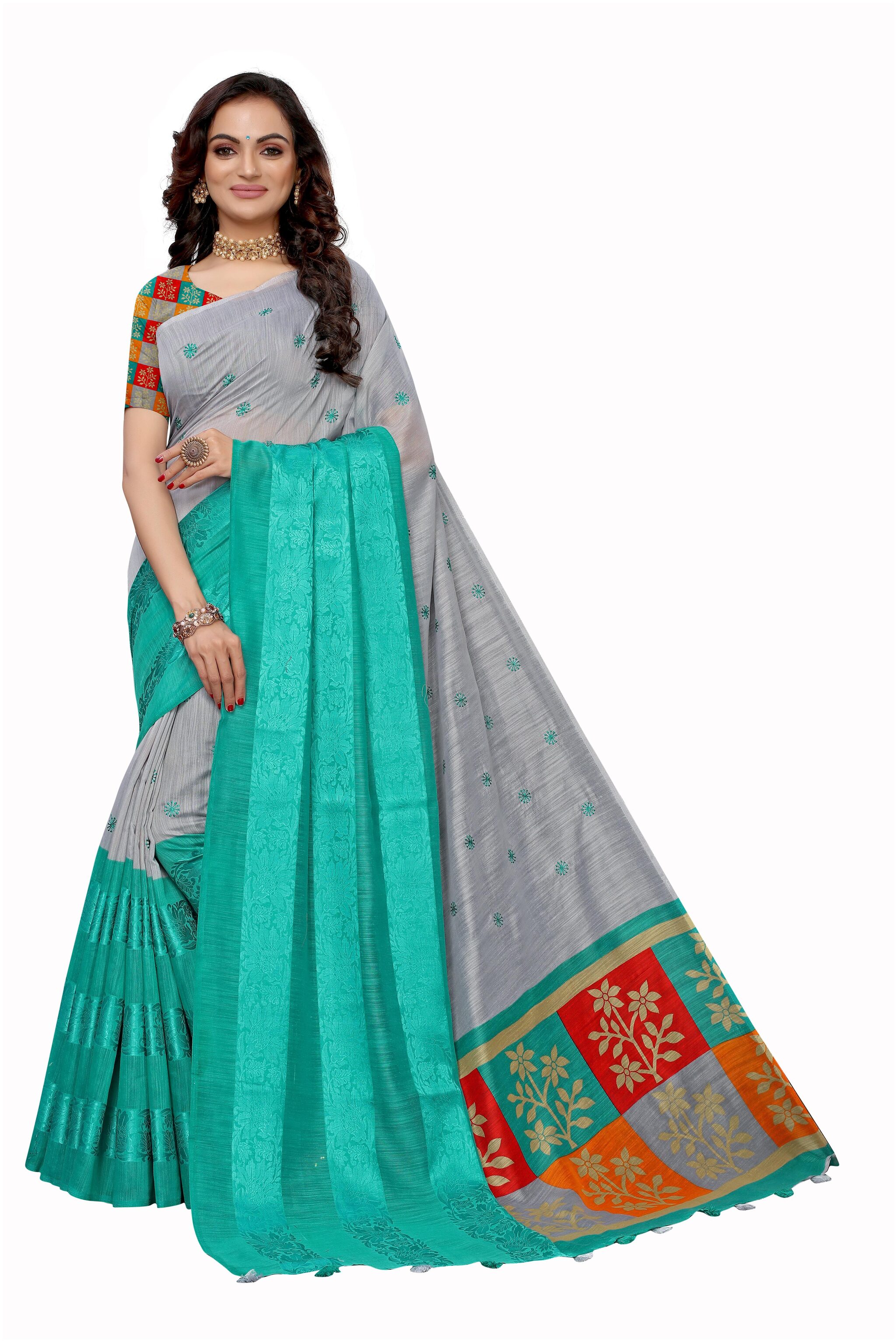 

Silkvilla Cotton Embroidered Grey Regular Saree For Women