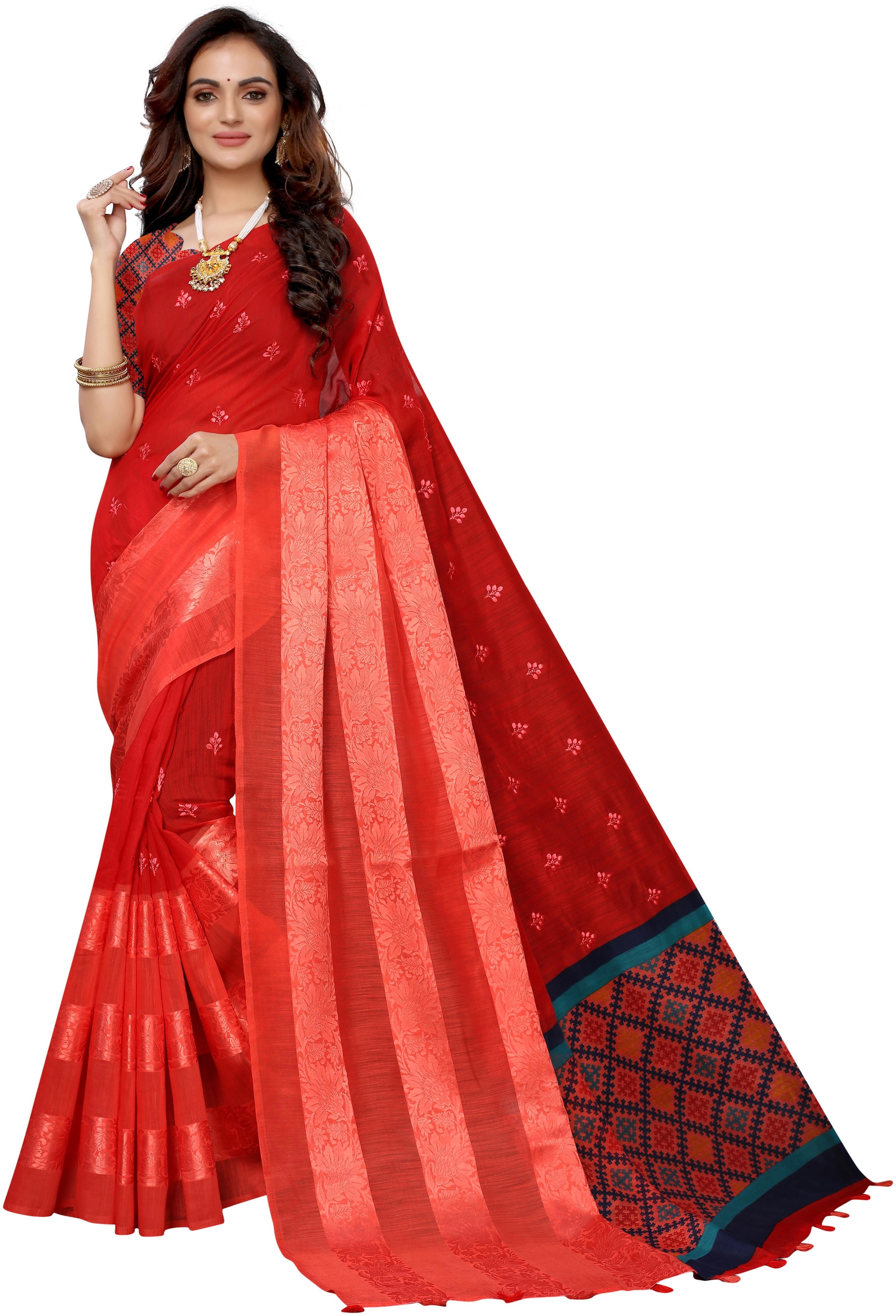 

Silkvilla Cotton Embroidered Red Regular Saree For Women