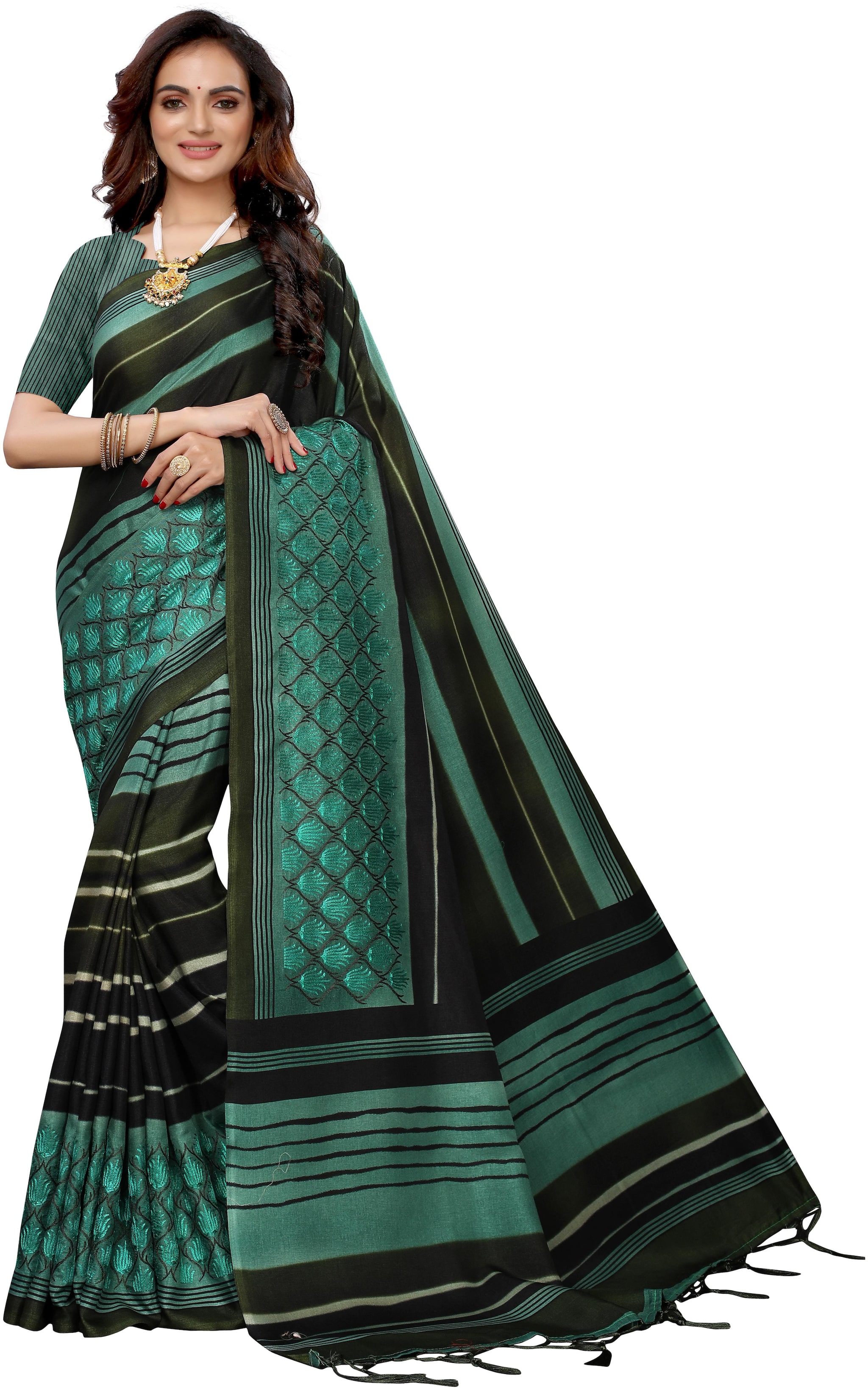 

Silkvilla Green Cotton Striped Saree With Blouse For Women