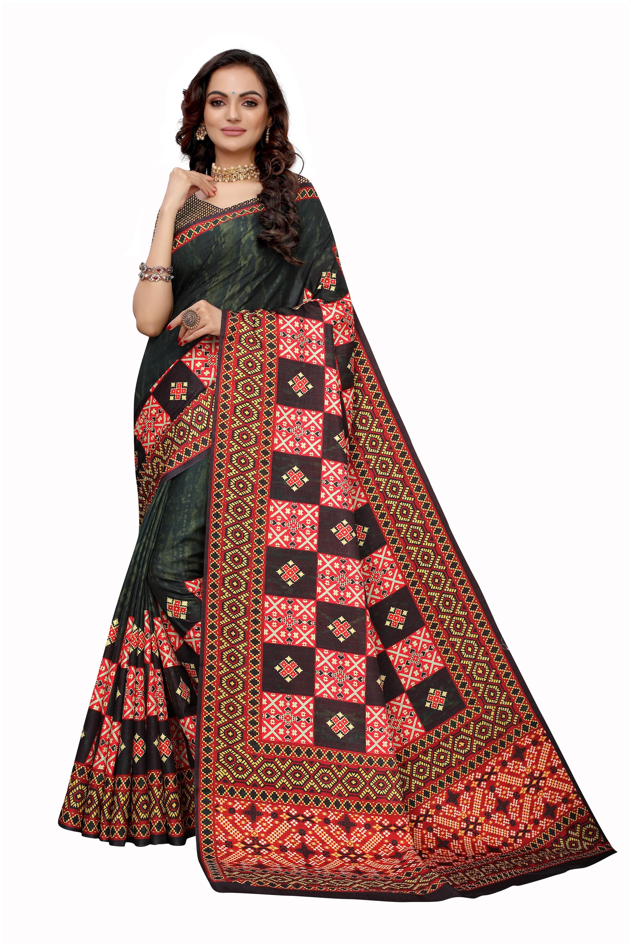 

Silkvilla Green Cotton Printed Saree With Blouse For Women